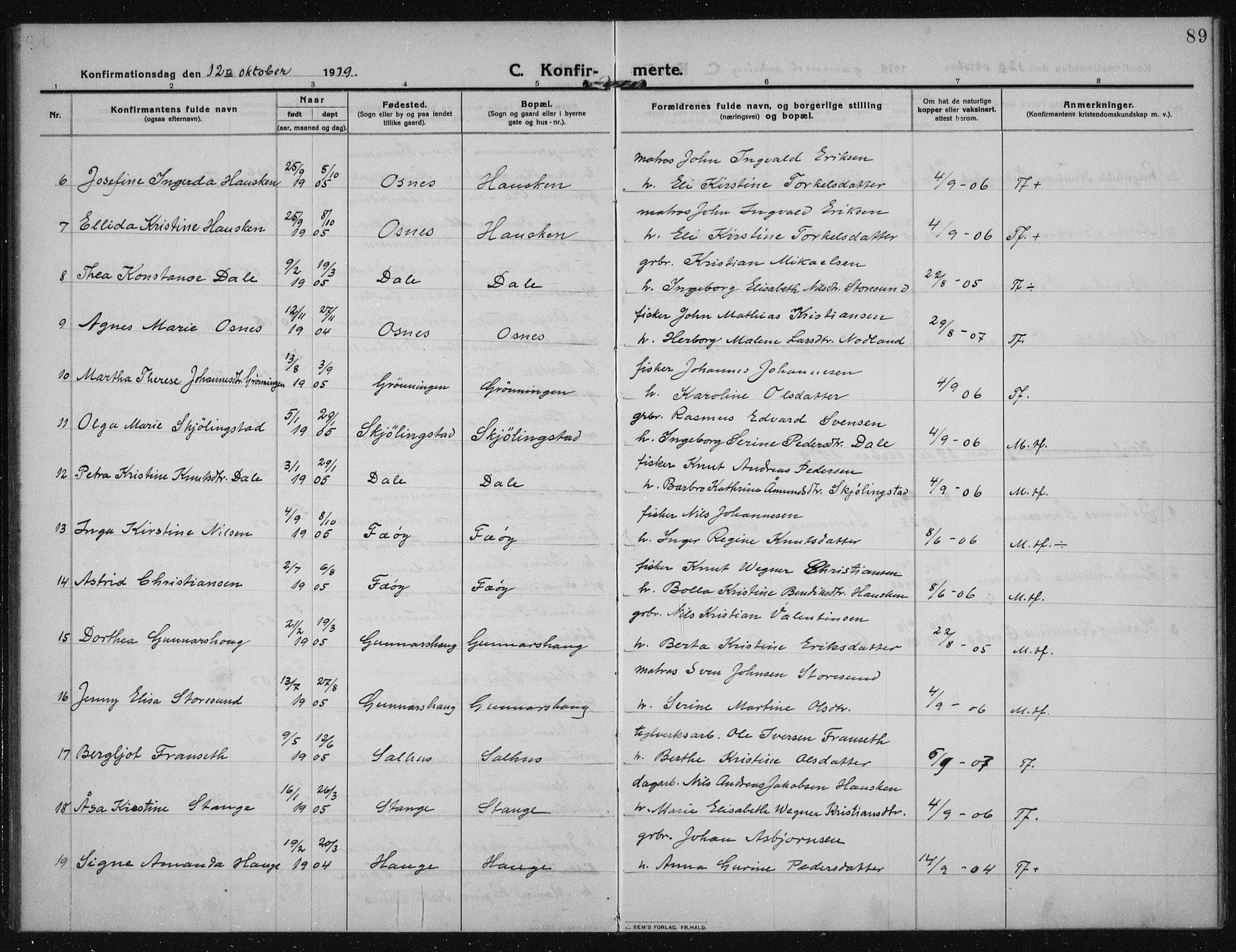 Torvastad sokneprestkontor, AV/SAST-A -101857/H/Ha/Haa/L0019: Parish register (official) no. A 18, 1912-1920, p. 89