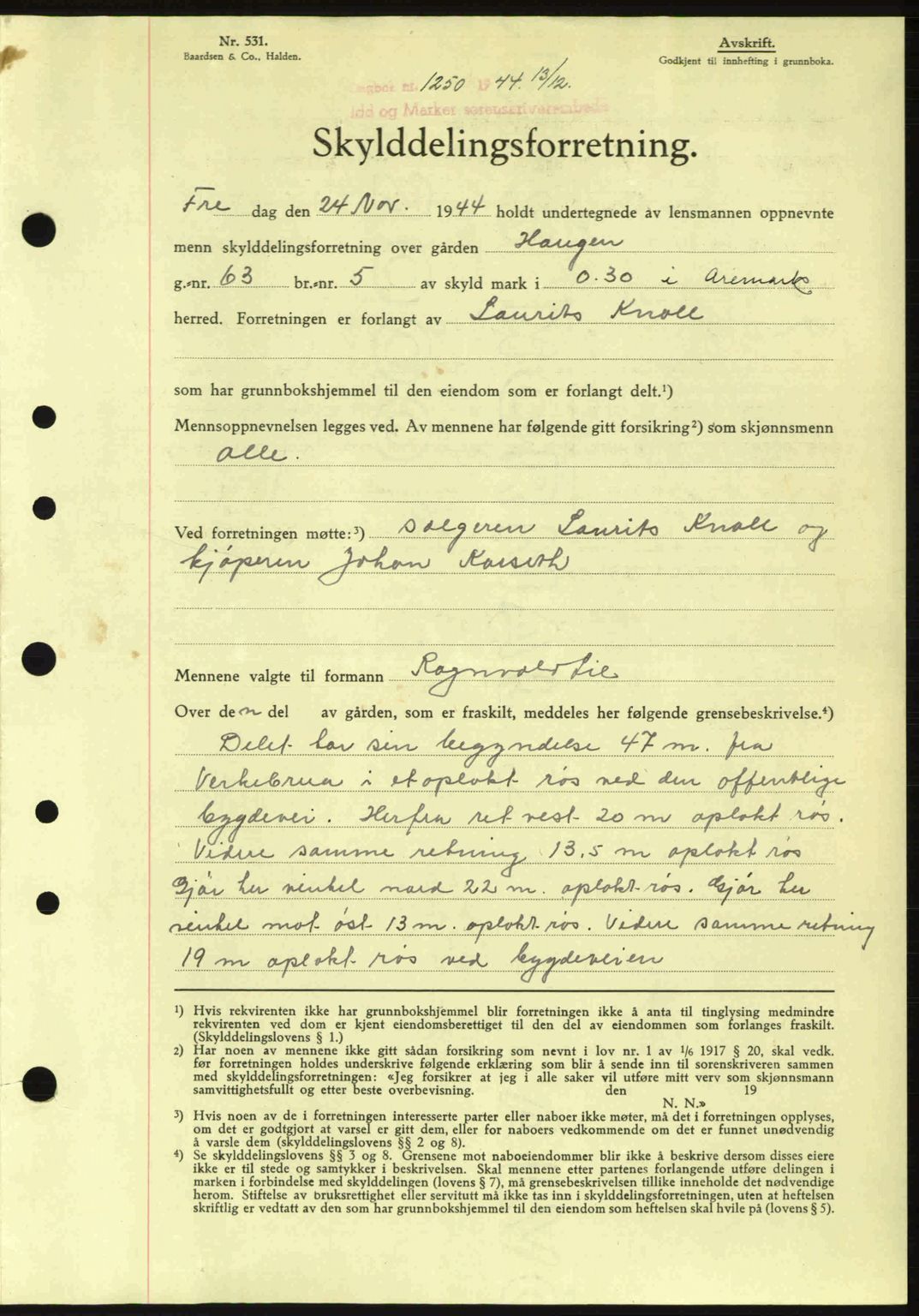 Idd og Marker sorenskriveri, AV/SAO-A-10283/G/Gb/Gbb/L0007: Mortgage book no. A7, 1944-1945, Diary no: : 1250/1944