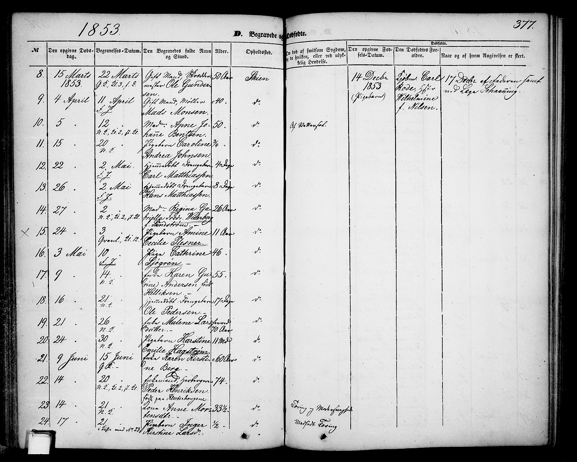 Skien kirkebøker, SAKO/A-302/G/Ga/L0004: Parish register (copy) no. 4, 1843-1867, p. 377