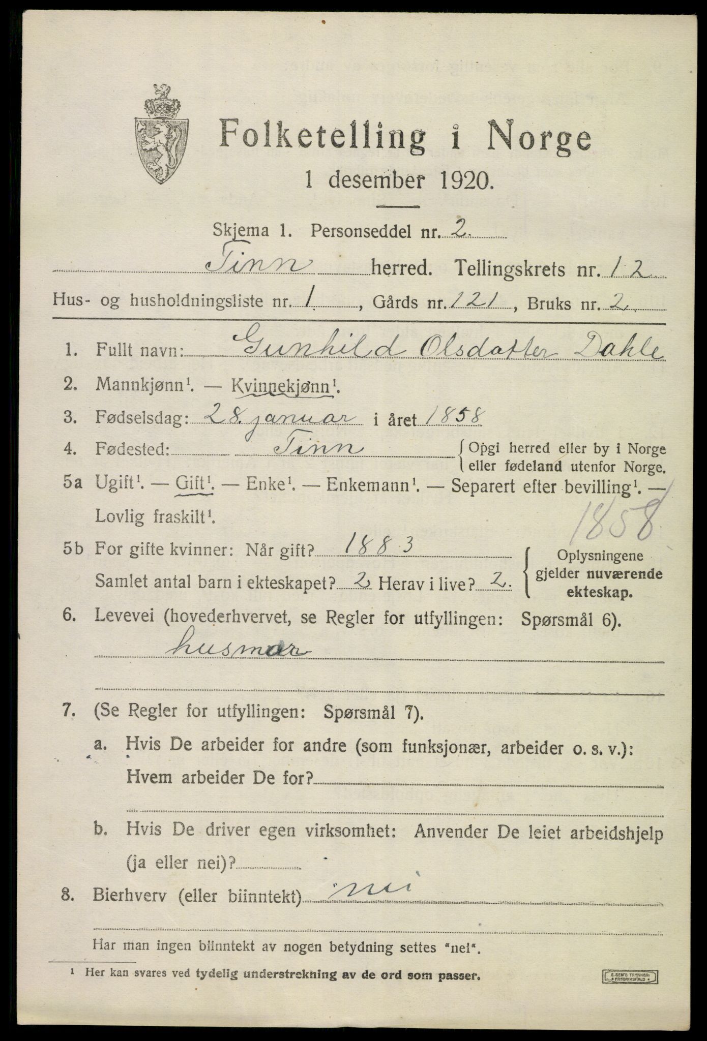 SAKO, 1920 census for Tinn, 1920, p. 7942