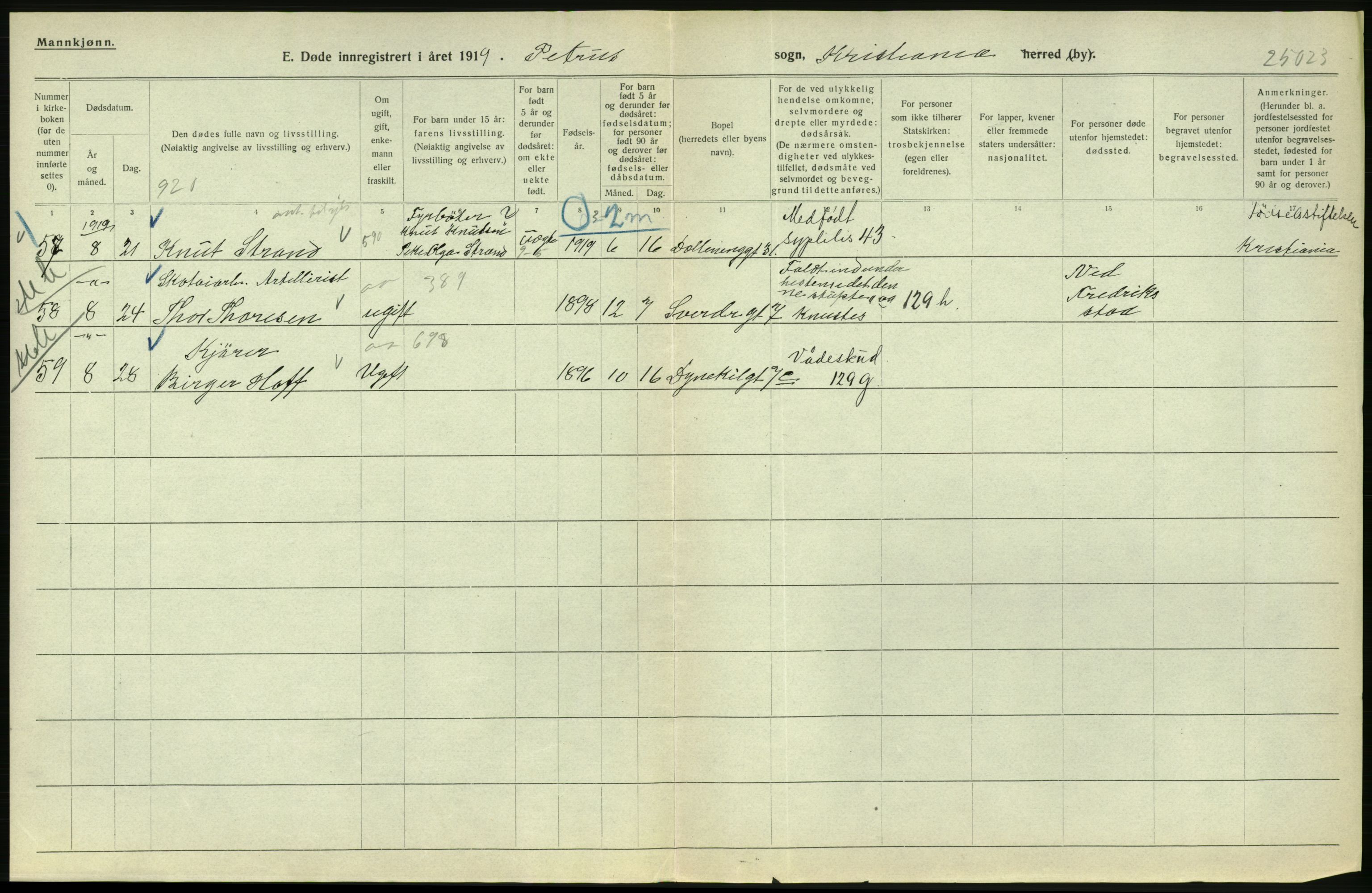 Statistisk sentralbyrå, Sosiodemografiske emner, Befolkning, AV/RA-S-2228/D/Df/Dfb/Dfbi/L0010: Kristiania: Døde, 1919, p. 670