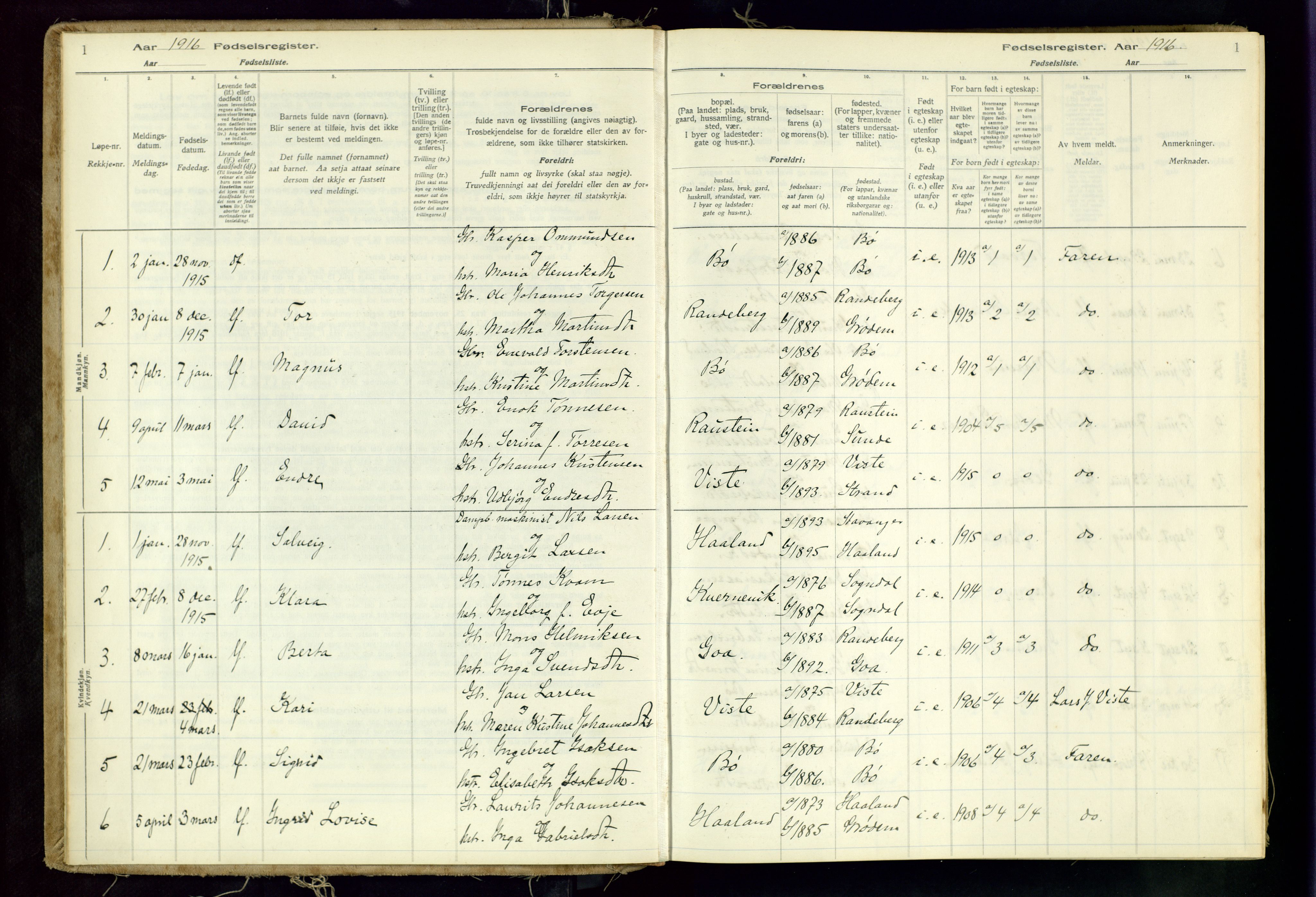 Hetland sokneprestkontor, SAST/A-101826/70/704BA/L0001: Birth register no. 1, 1916-1954, p. 1