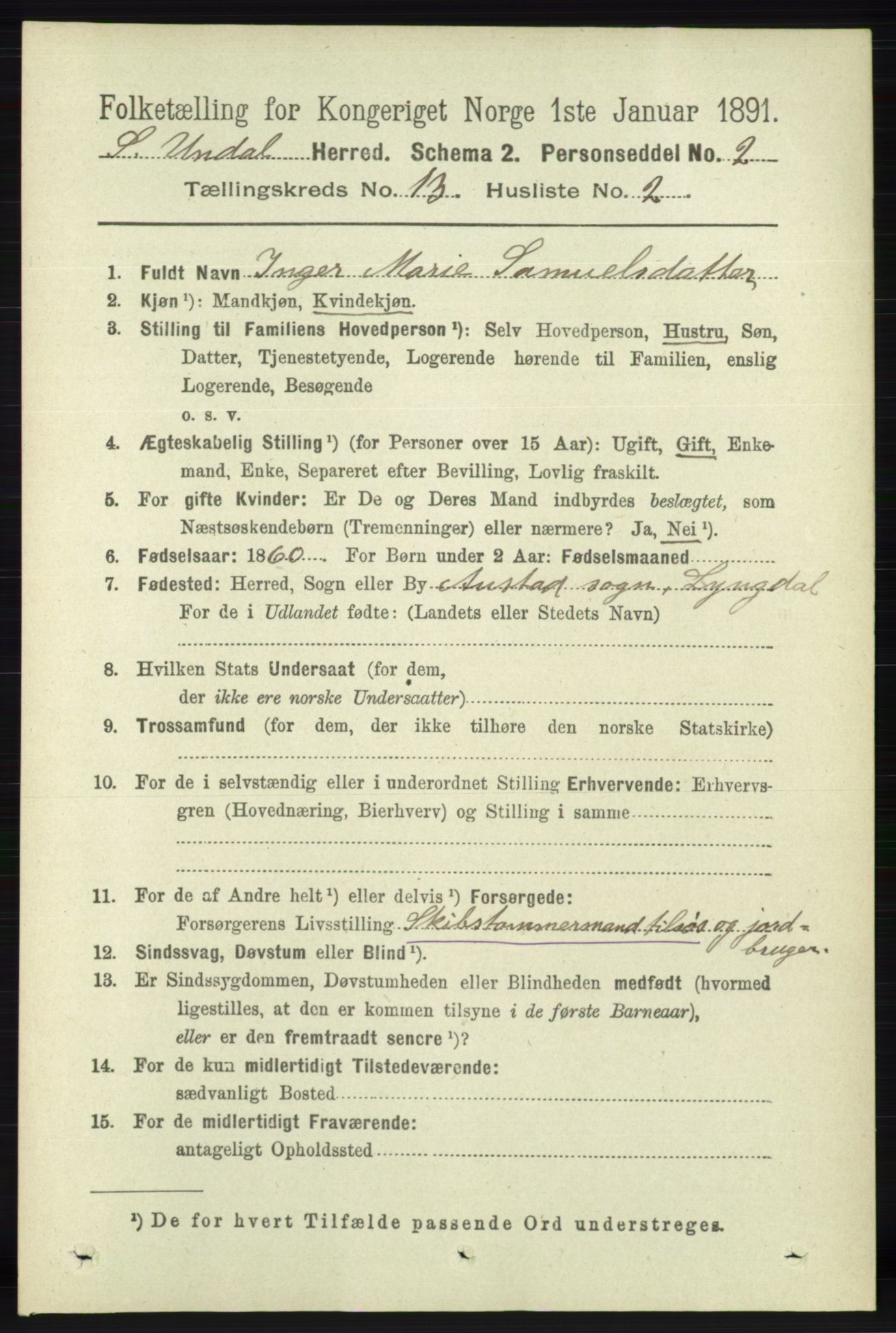 RA, 1891 census for 1029 Sør-Audnedal, 1891, p. 5797