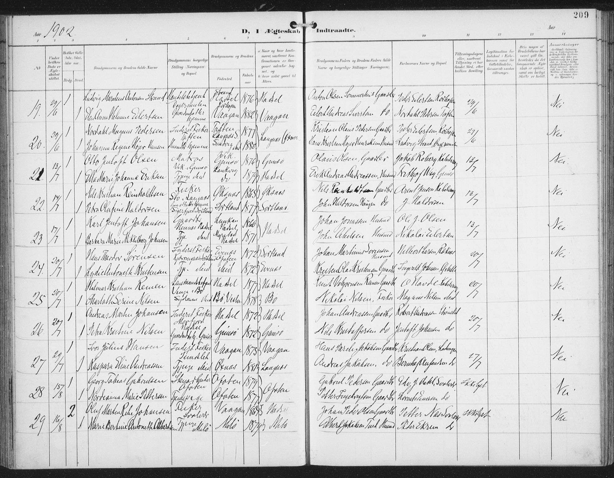 Ministerialprotokoller, klokkerbøker og fødselsregistre - Nordland, AV/SAT-A-1459/874/L1062: Parish register (official) no. 874A06, 1899-1907, p. 209