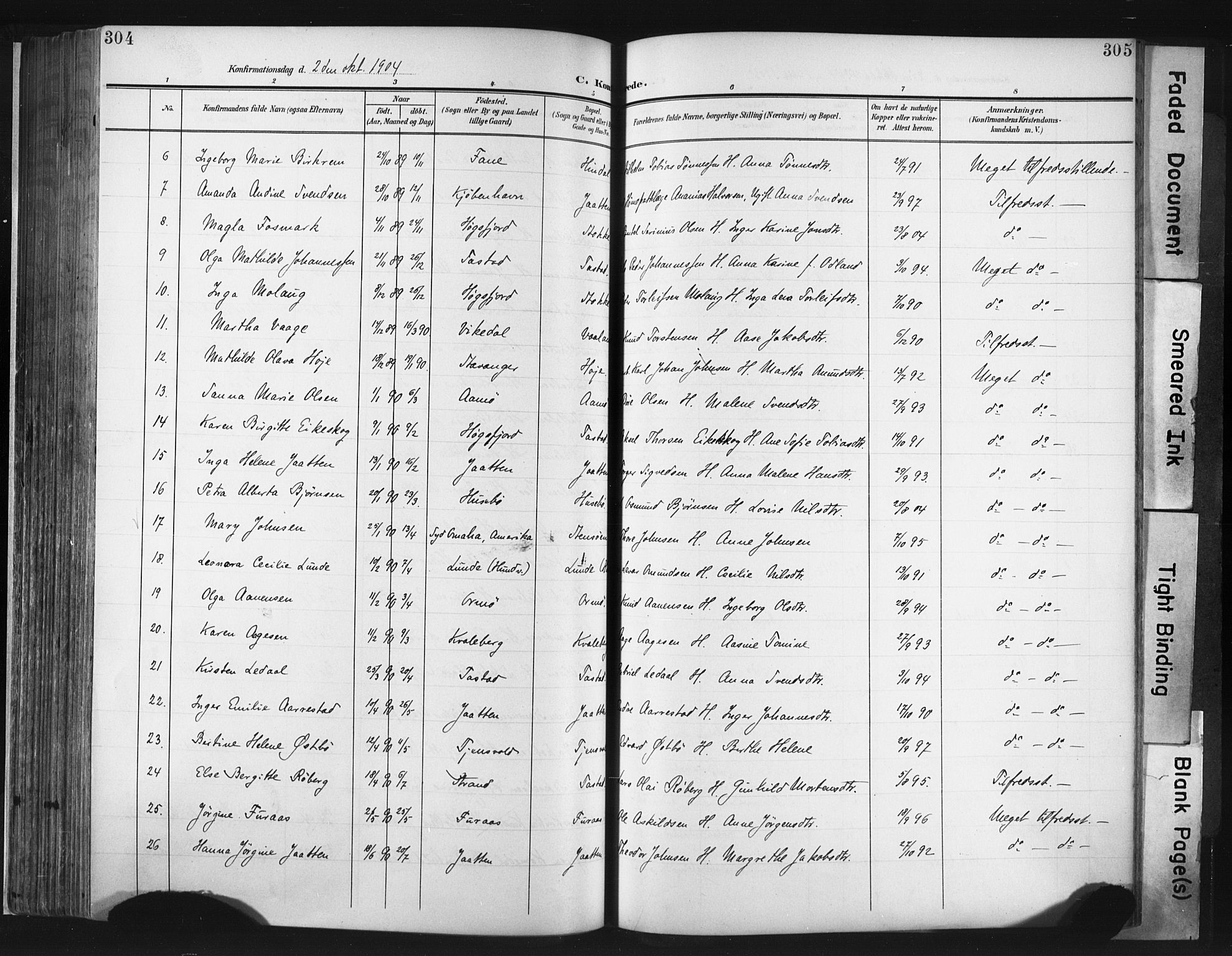 Hetland sokneprestkontor, SAST/A-101826/30/30BA/L0013: Parish register (official) no. A 13, 1904-1918, p. 304-305