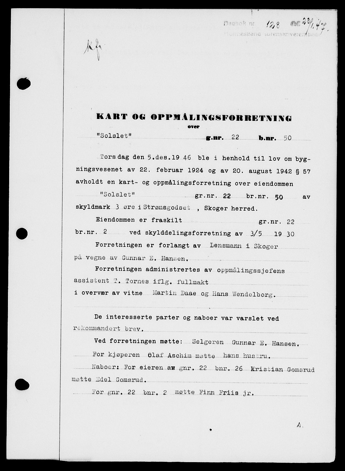 Holmestrand sorenskriveri, AV/SAKO-A-67/G/Ga/Gaa/L0061: Mortgage book no. A-61, 1946-1947, Diary no: : 128/1947