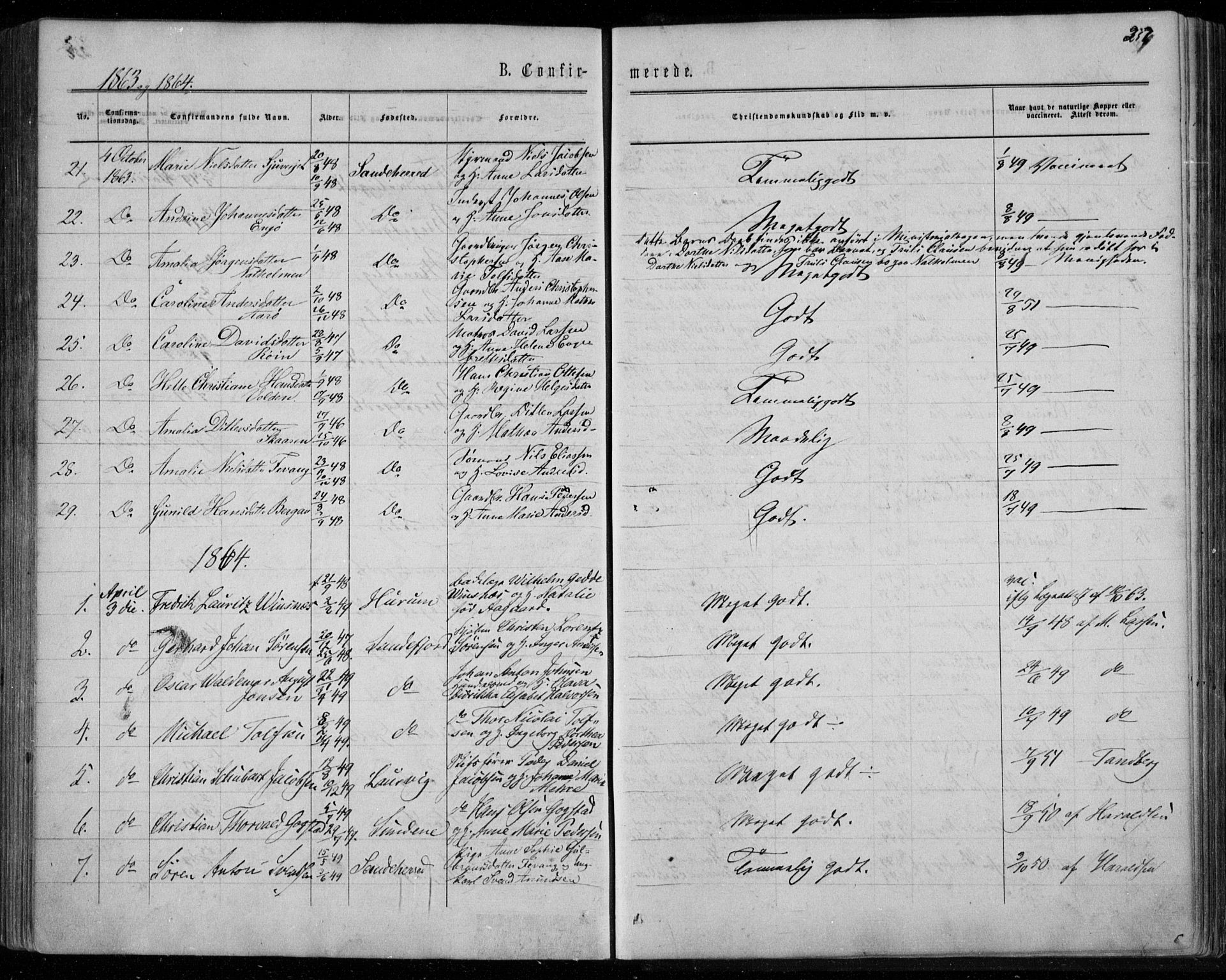 Sandar kirkebøker, AV/SAKO-A-243/F/Fa/L0008: Parish register (official) no. 8, 1862-1871, p. 257