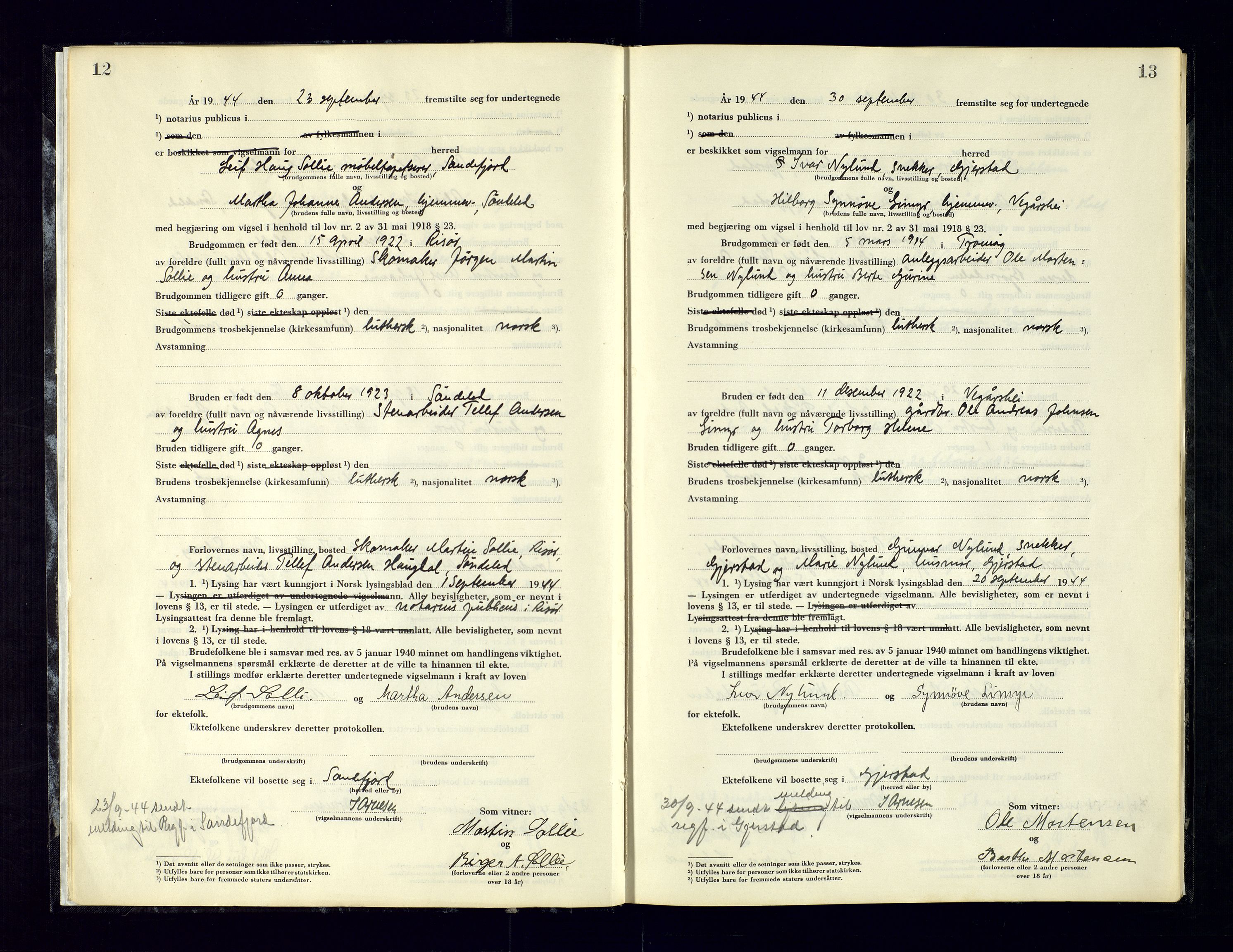 Holt sorenskriveri, AV/SAK-1221-0002/L/Ld/L0003: Vigselbok nr. 2, 1944-1964, p. 12-13