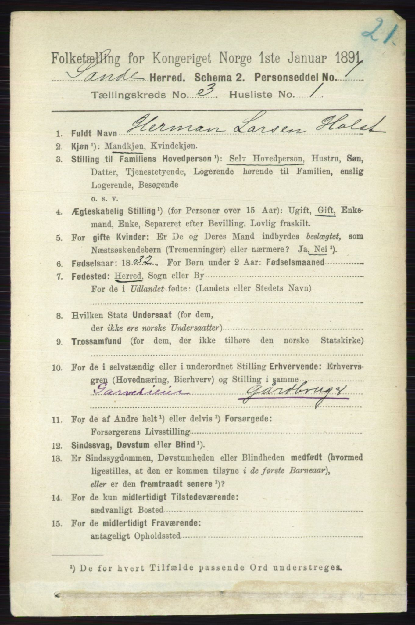 RA, 1891 census for 0713 Sande, 1891, p. 939