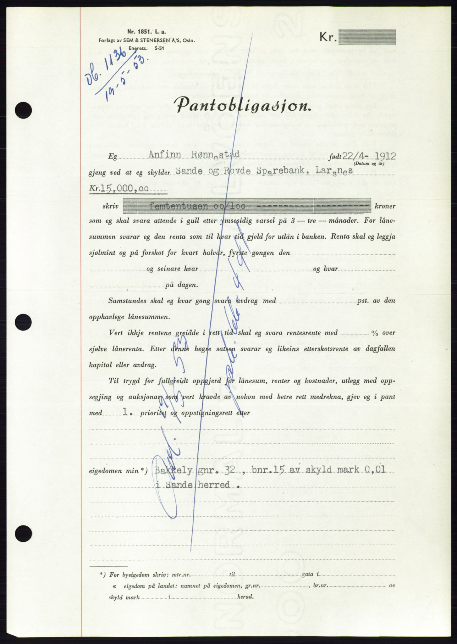 Søre Sunnmøre sorenskriveri, SAT/A-4122/1/2/2C/L0123: Mortgage book no. 11B, 1953-1953, Diary no: : 1136/1953