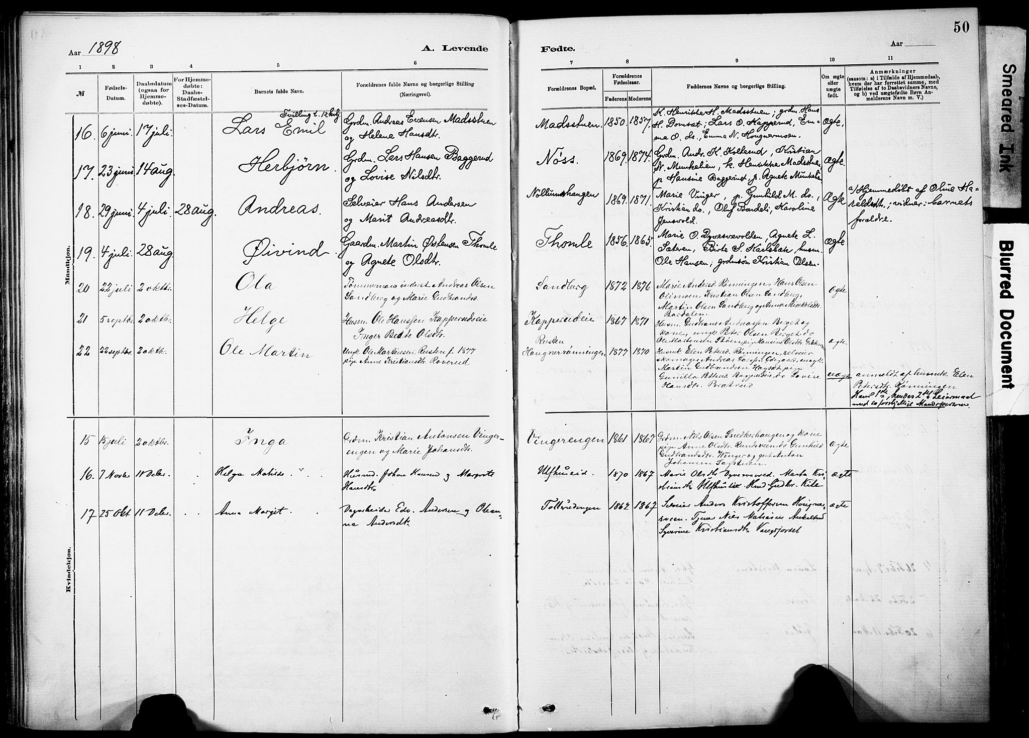 Nordre Land prestekontor, SAH/PREST-124/H/Ha/Haa/L0005: Parish register (official) no. 5, 1882-1903, p. 50