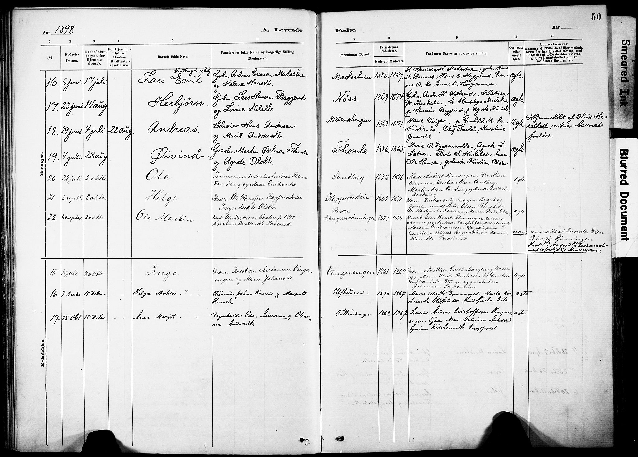 Nordre Land prestekontor, AV/SAH-PREST-124/H/Ha/Haa/L0005: Parish register (official) no. 5, 1882-1903, p. 50