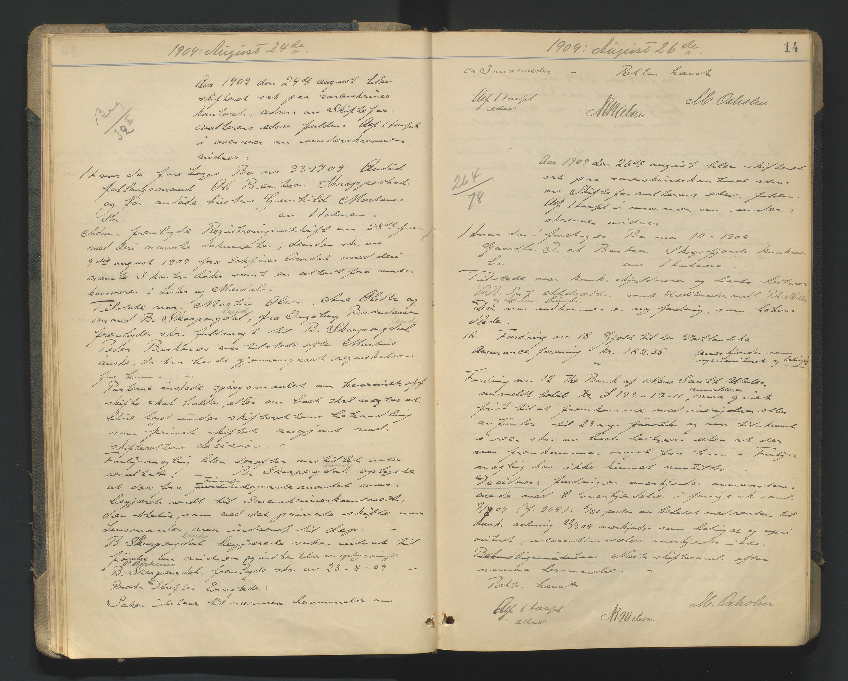 Mandal sorenskriveri, AV/SAK-1221-0005/001/H/Hc/L0081: Skifteforhandlingsprotokoll nr 13, 1909-1913, p. 14