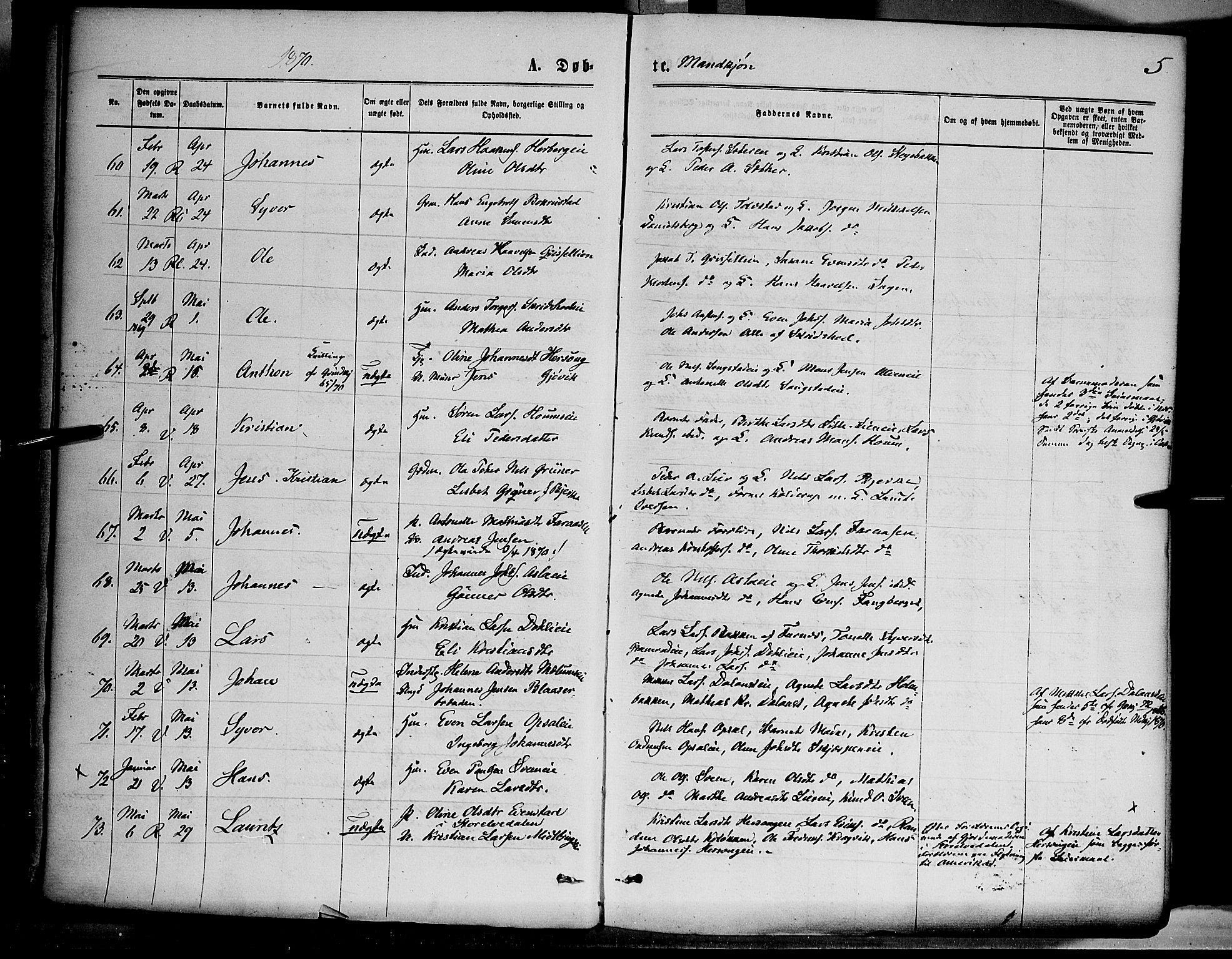 Ringsaker prestekontor, SAH/PREST-014/K/Ka/L0011: Parish register (official) no. 11, 1870-1878, p. 5