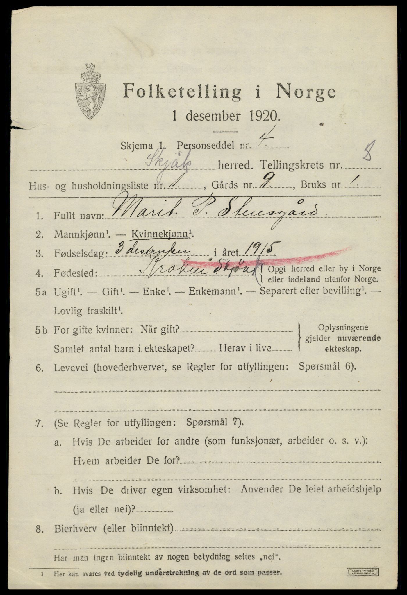 SAH, 1920 census for Skjåk, 1920, p. 1082