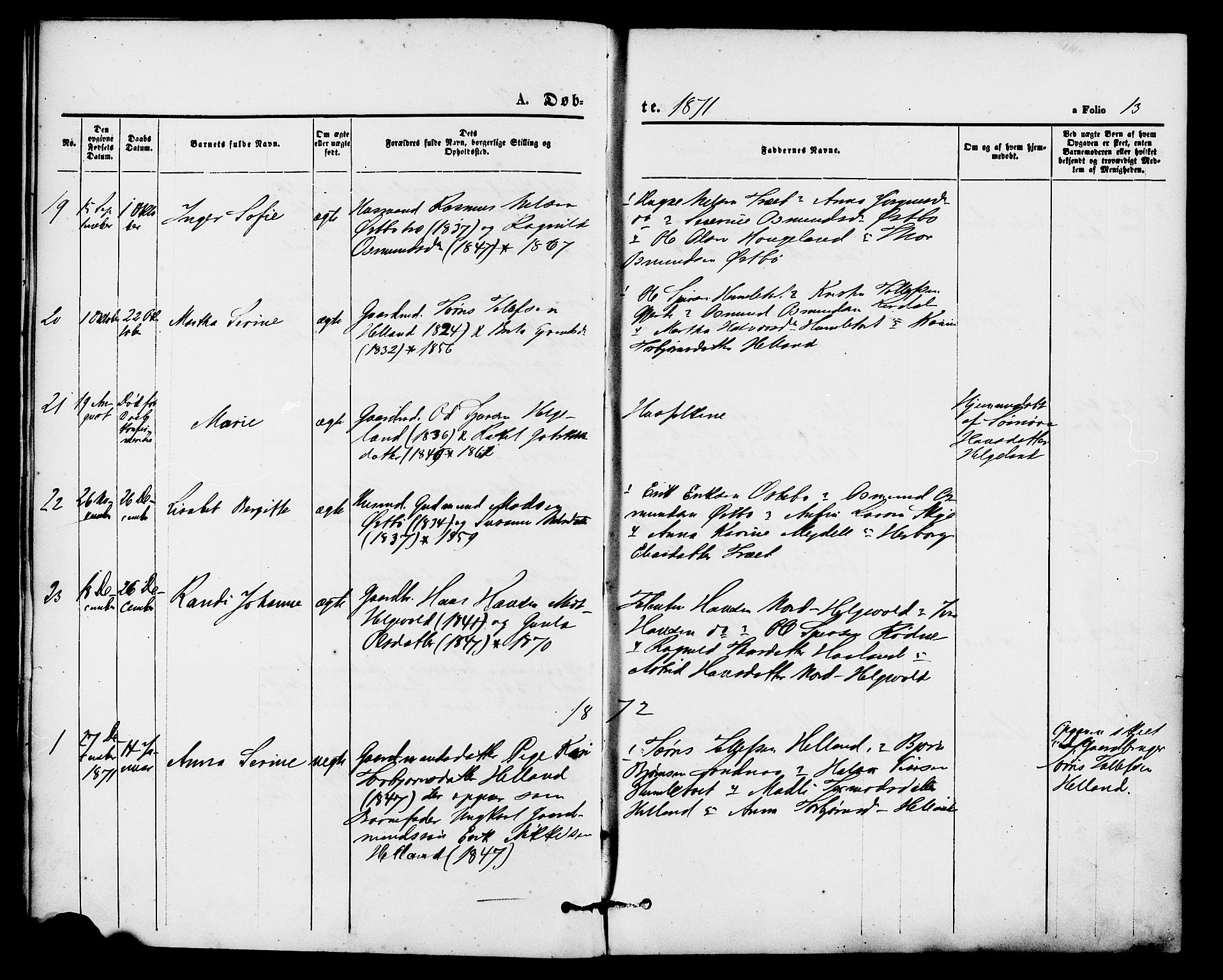 Vikedal sokneprestkontor, AV/SAST-A-101840/01/IV: Parish register (official) no. A 8, 1868-1885, p. 13