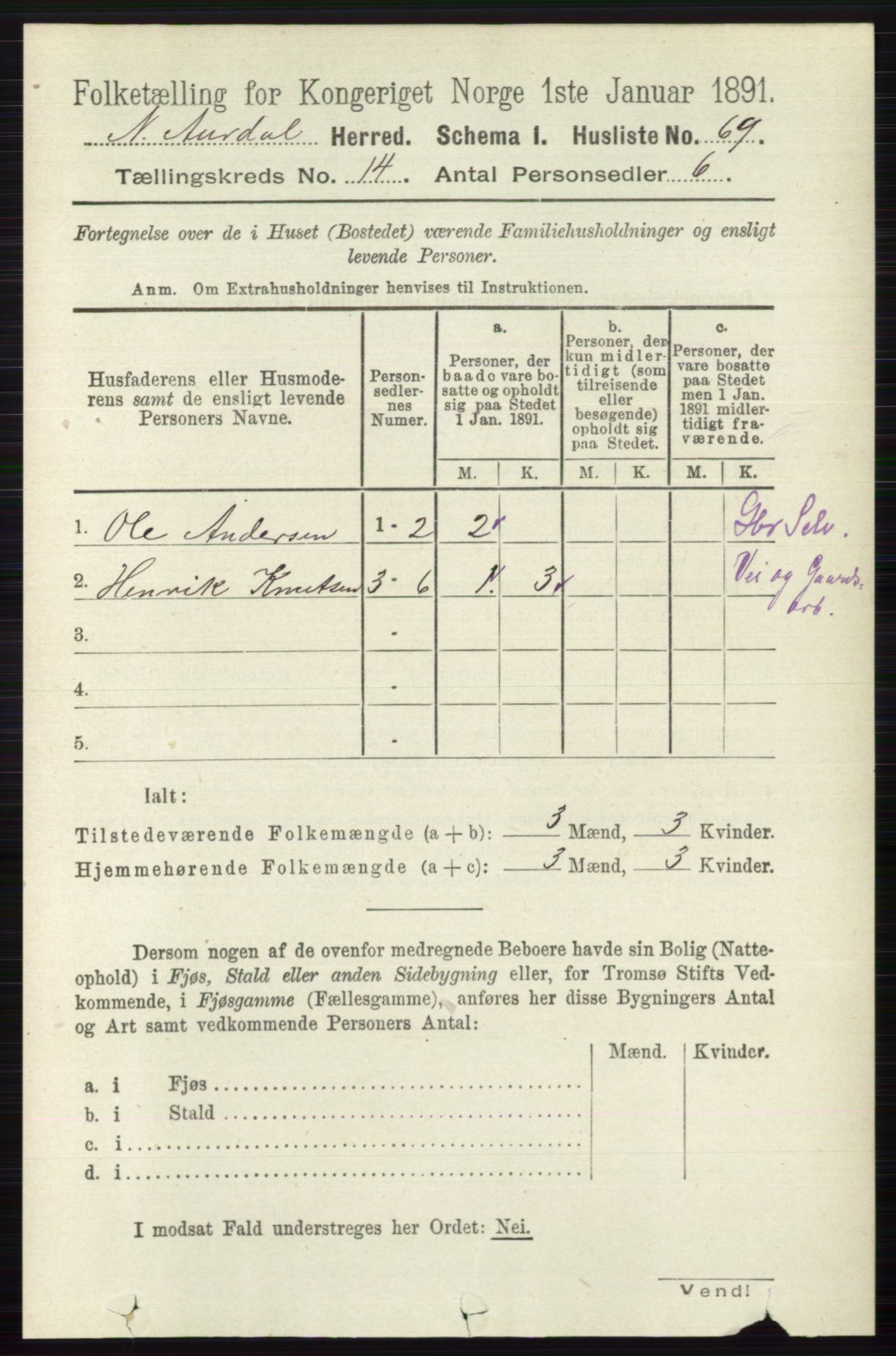 RA, 1891 census for 0542 Nord-Aurdal, 1891, p. 5205