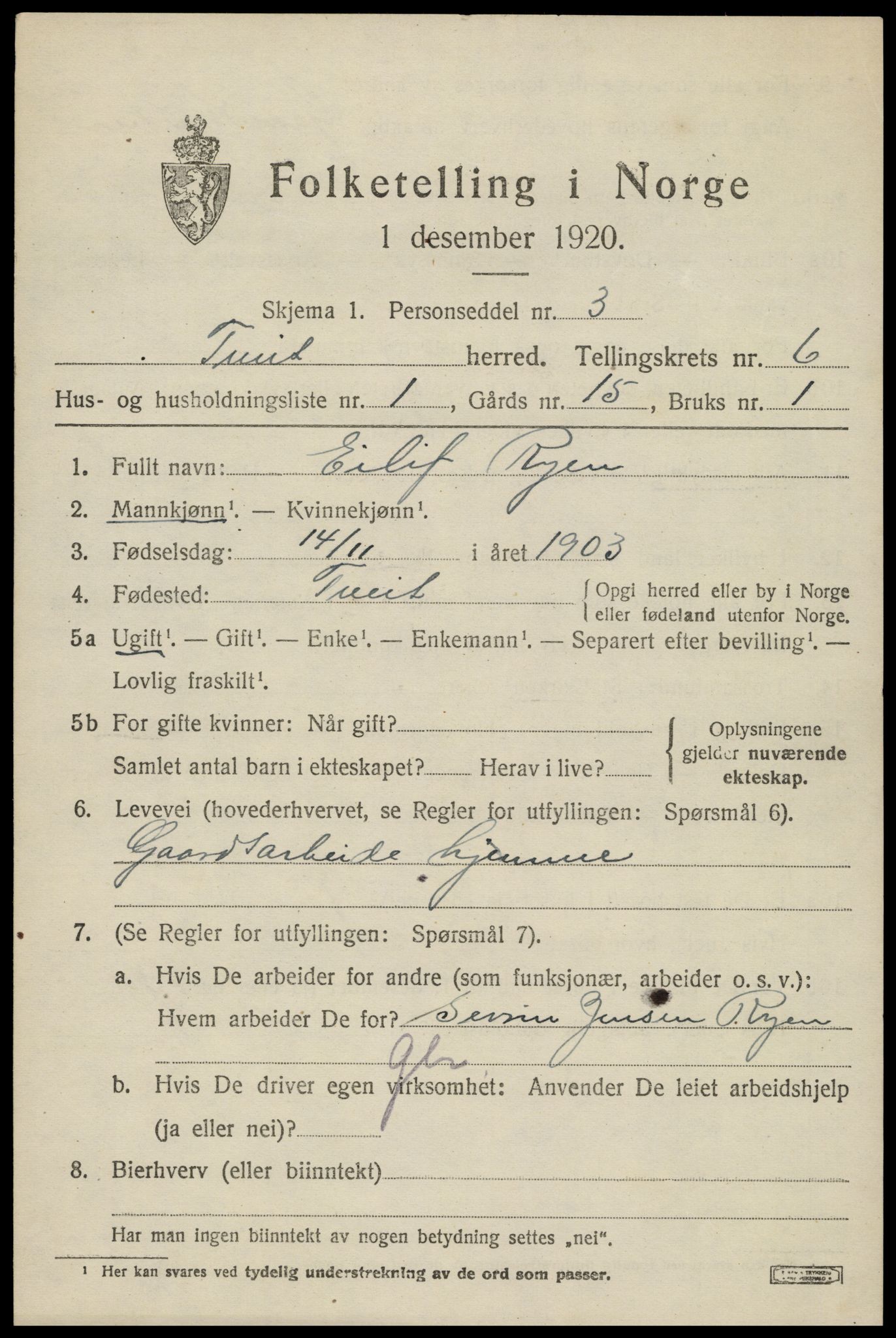 SAK, 1920 census for Tveit, 1920, p. 2762