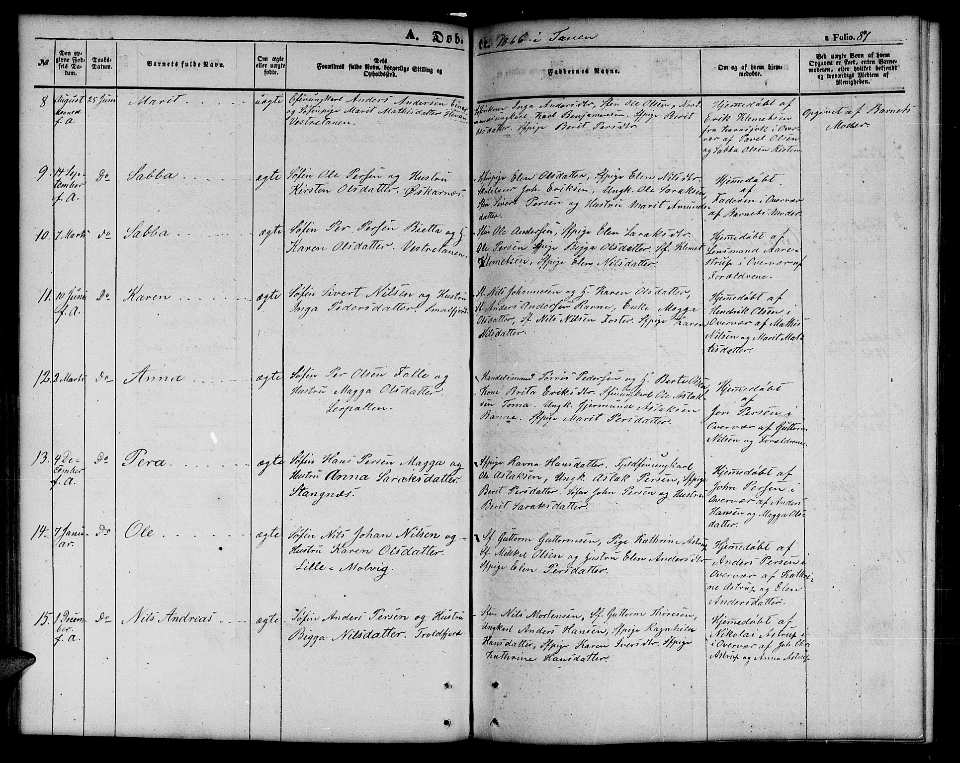Tana sokneprestkontor, AV/SATØ-S-1334/H/Hb/L0001klokker: Parish register (copy) no. 1 /1, 1853-1867, p. 87