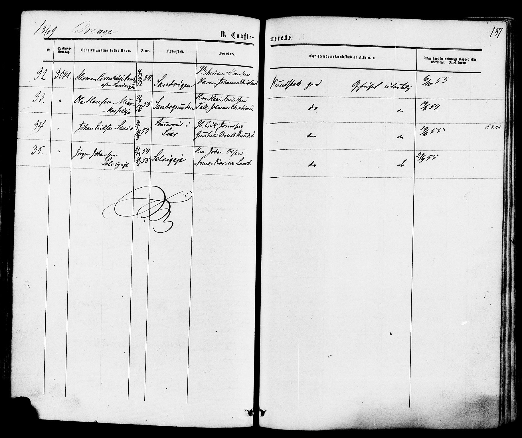 Sande Kirkebøker, AV/SAKO-A-53/F/Fa/L0005: Parish register (official) no. 5, 1865-1877, p. 137