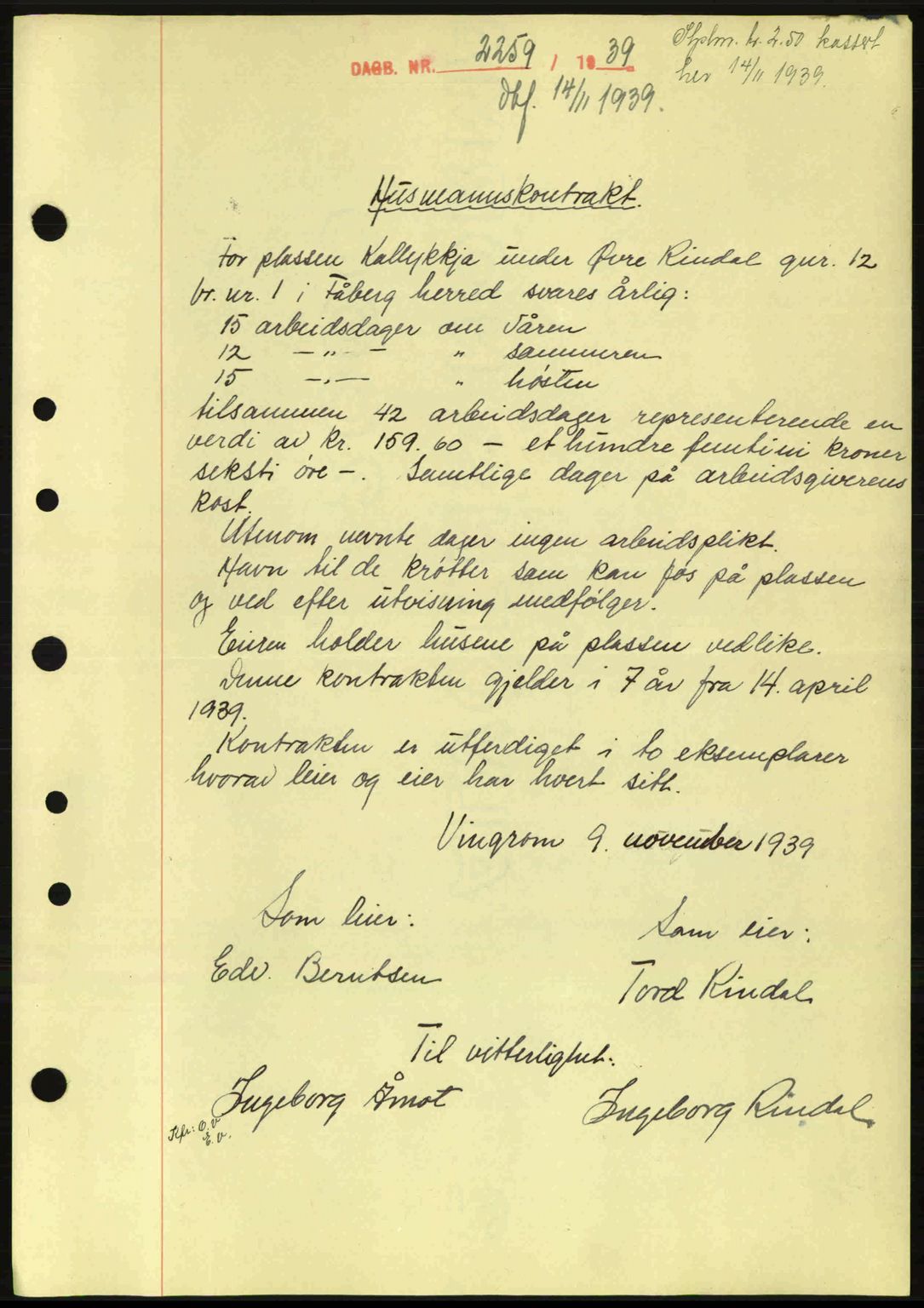 Sør-Gudbrandsdal tingrett, SAH/TING-004/H/Hb/Hbe/L0001: Mortgage book no. B1, 1936-1939, Diary no: : 2259/1939