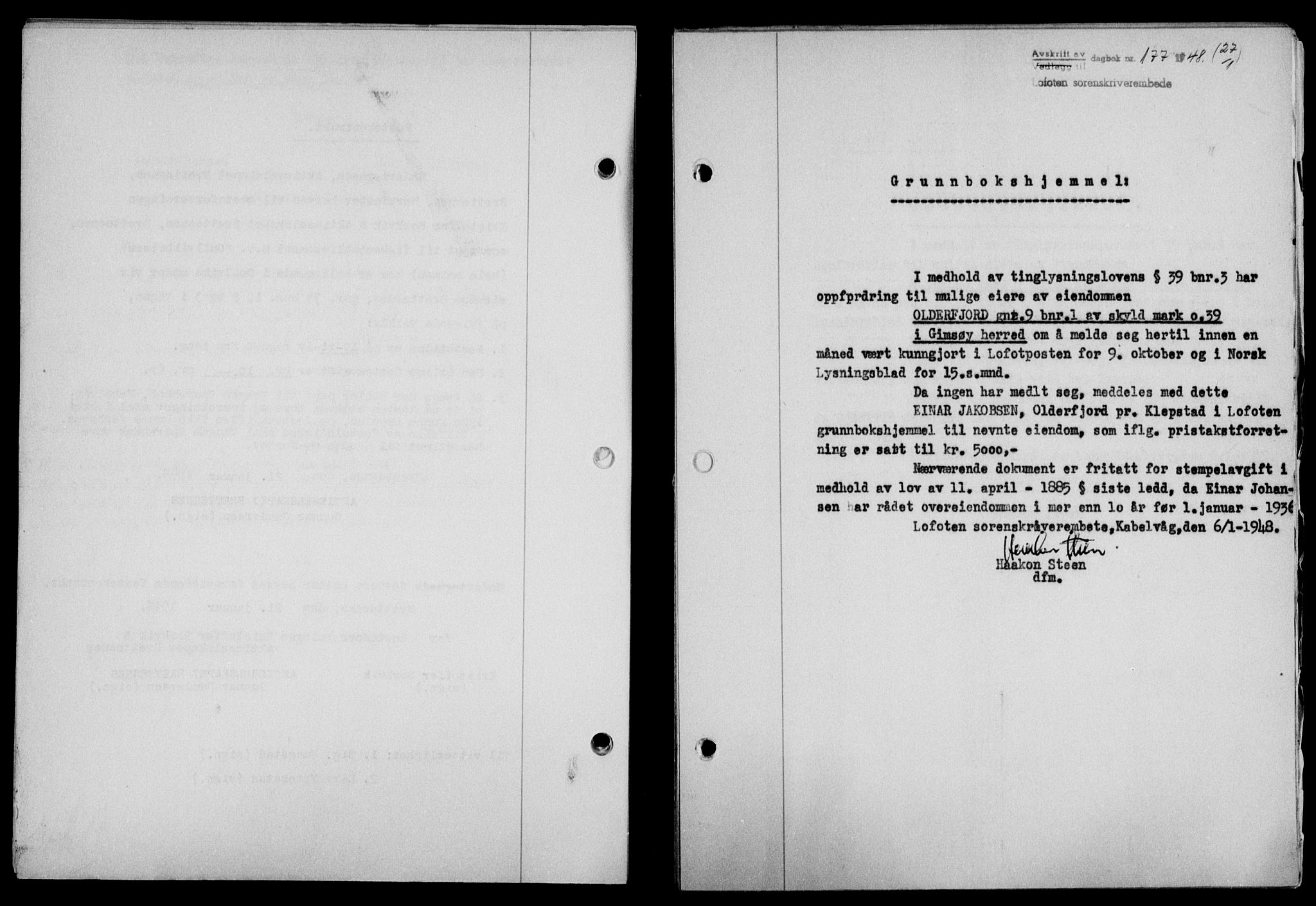 Lofoten sorenskriveri, SAT/A-0017/1/2/2C/L0017a: Mortgage book no. 17a, 1947-1948, Diary no: : 177/1948