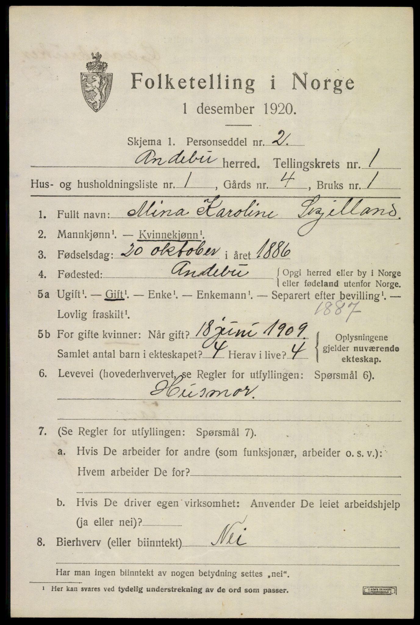 SAKO, 1920 census for Andebu, 1920, p. 1166