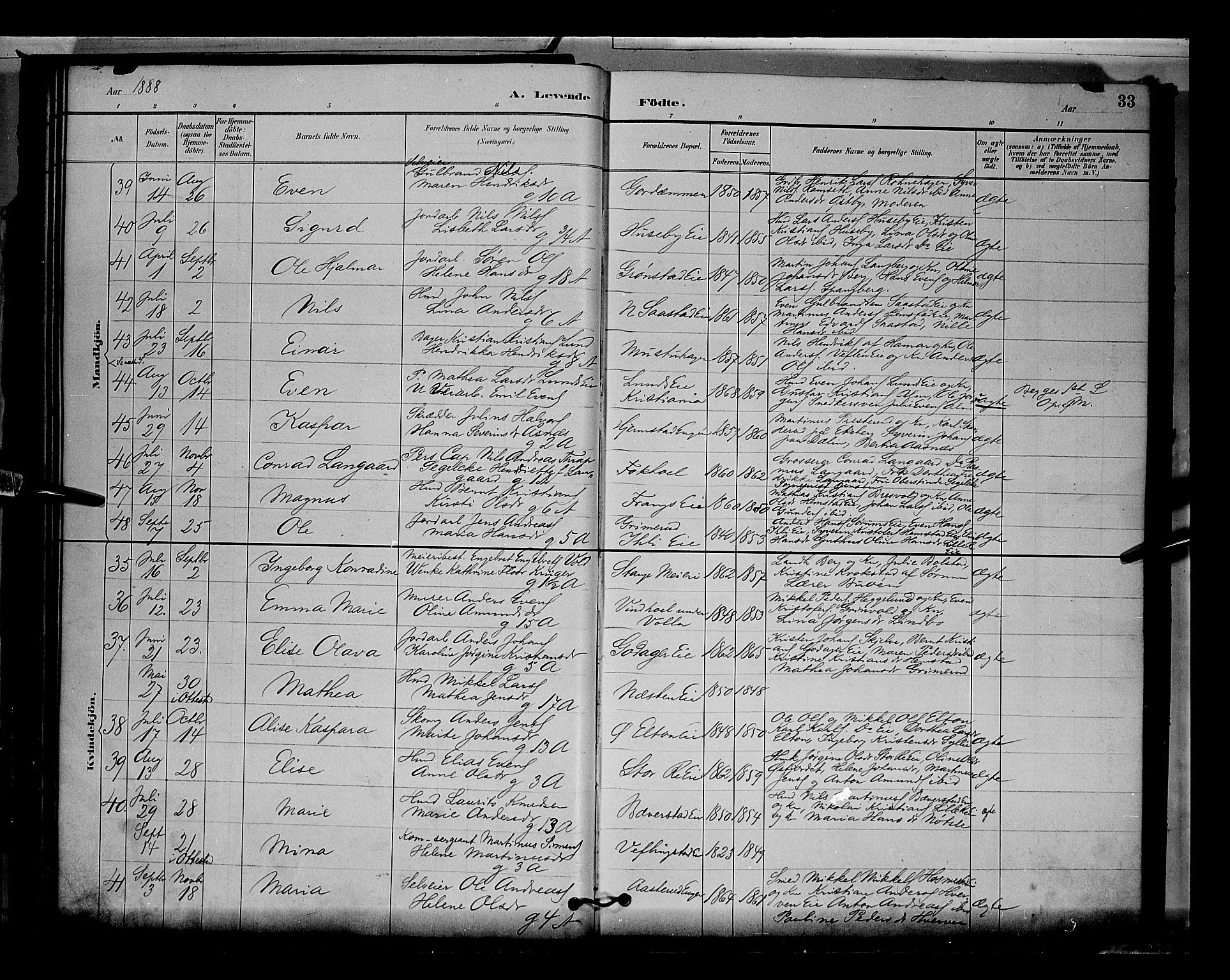 Stange prestekontor, AV/SAH-PREST-002/L/L0009: Parish register (copy) no. 9, 1883-1899, p. 33