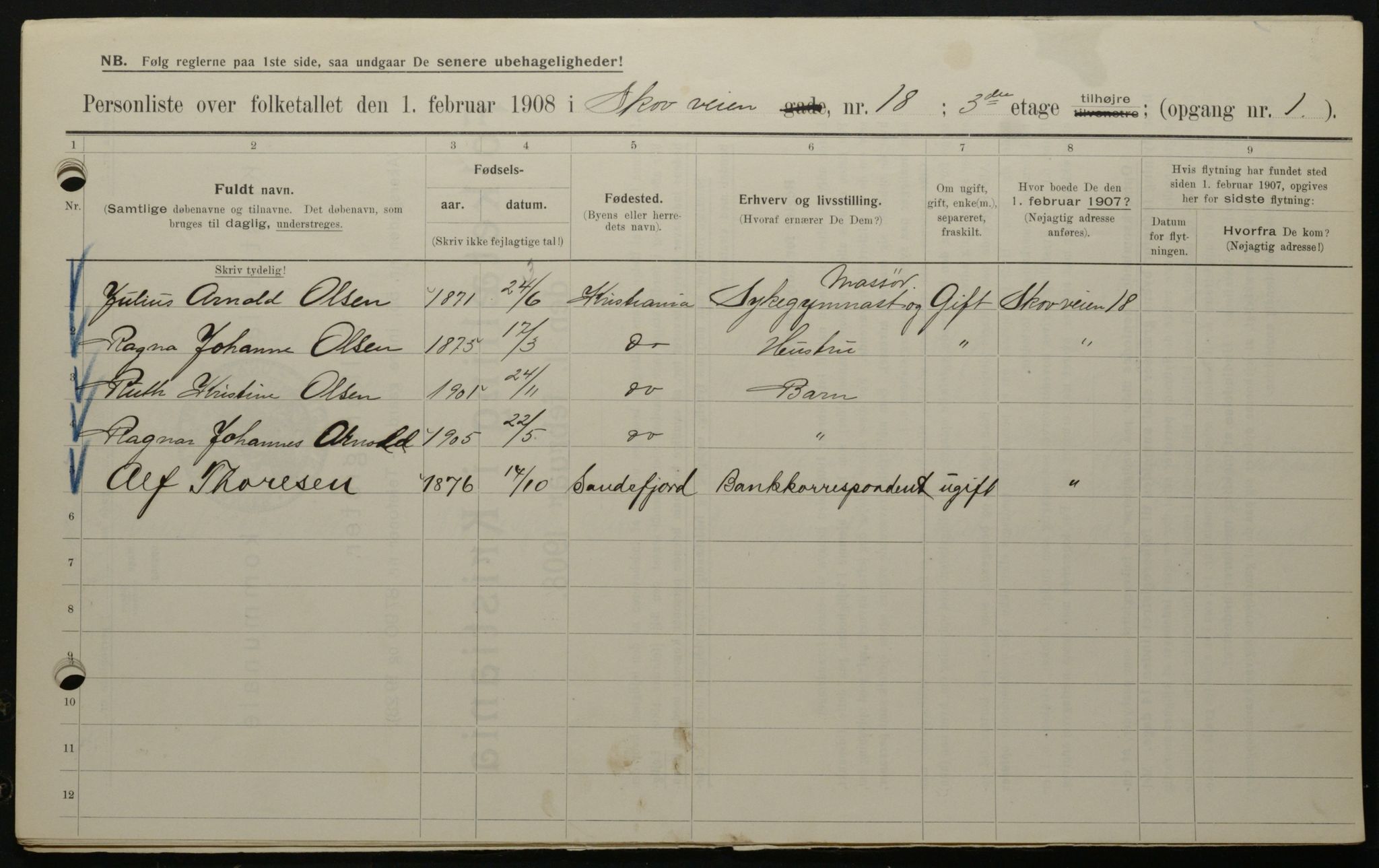 OBA, Municipal Census 1908 for Kristiania, 1908, p. 87013