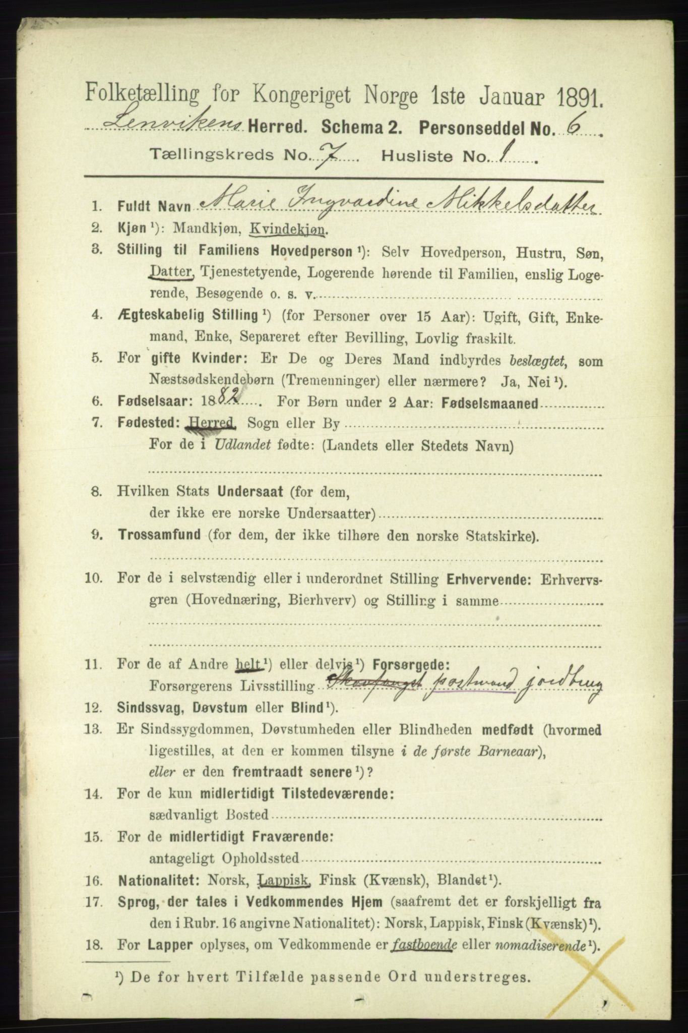 RA, 1891 census for 1931 Lenvik, 1891, p. 3788