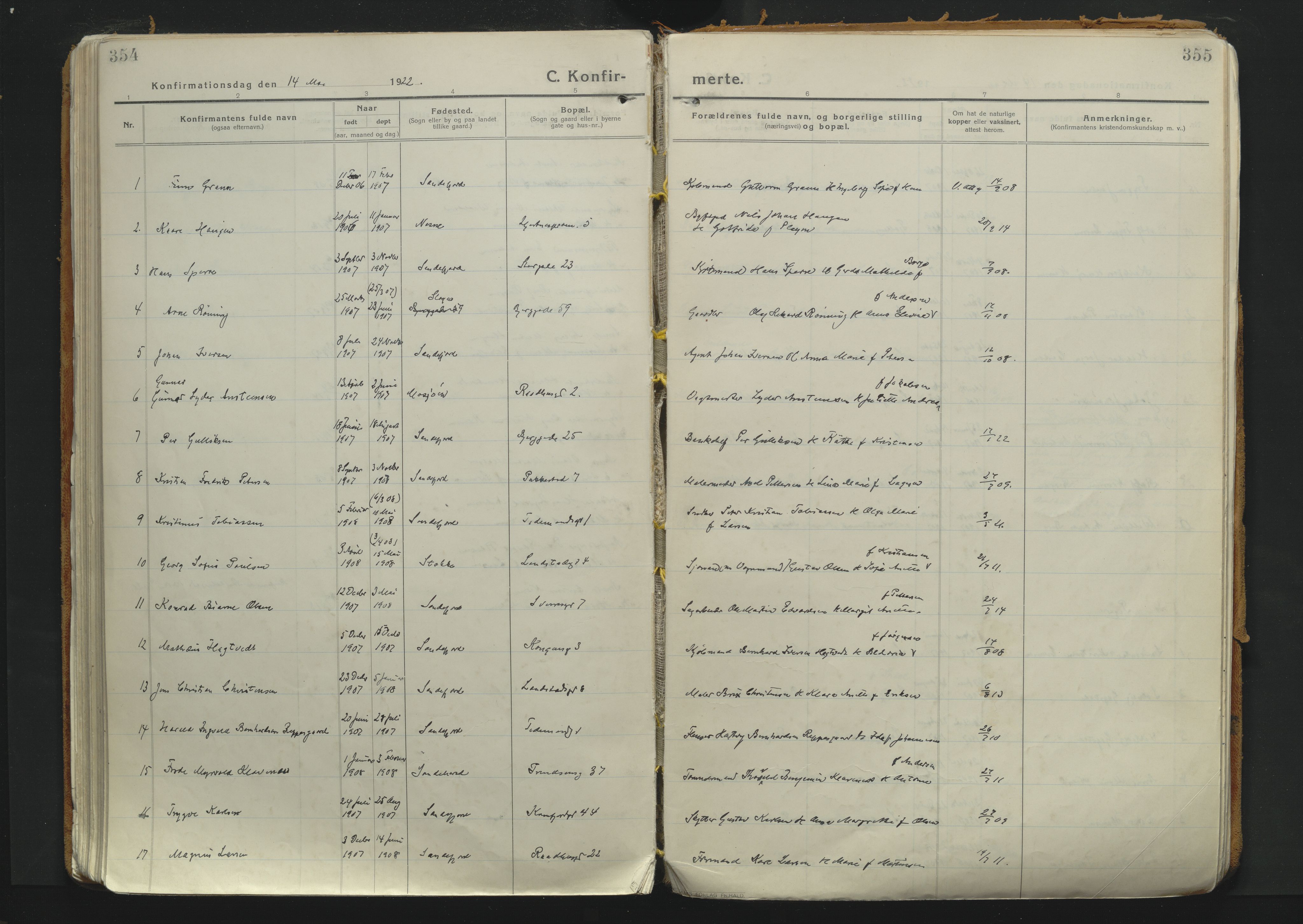 Sandefjord kirkebøker, SAKO/A-315/F/Fa/L0007: Parish register (official) no. 7, 1916-1930, p. 354-355