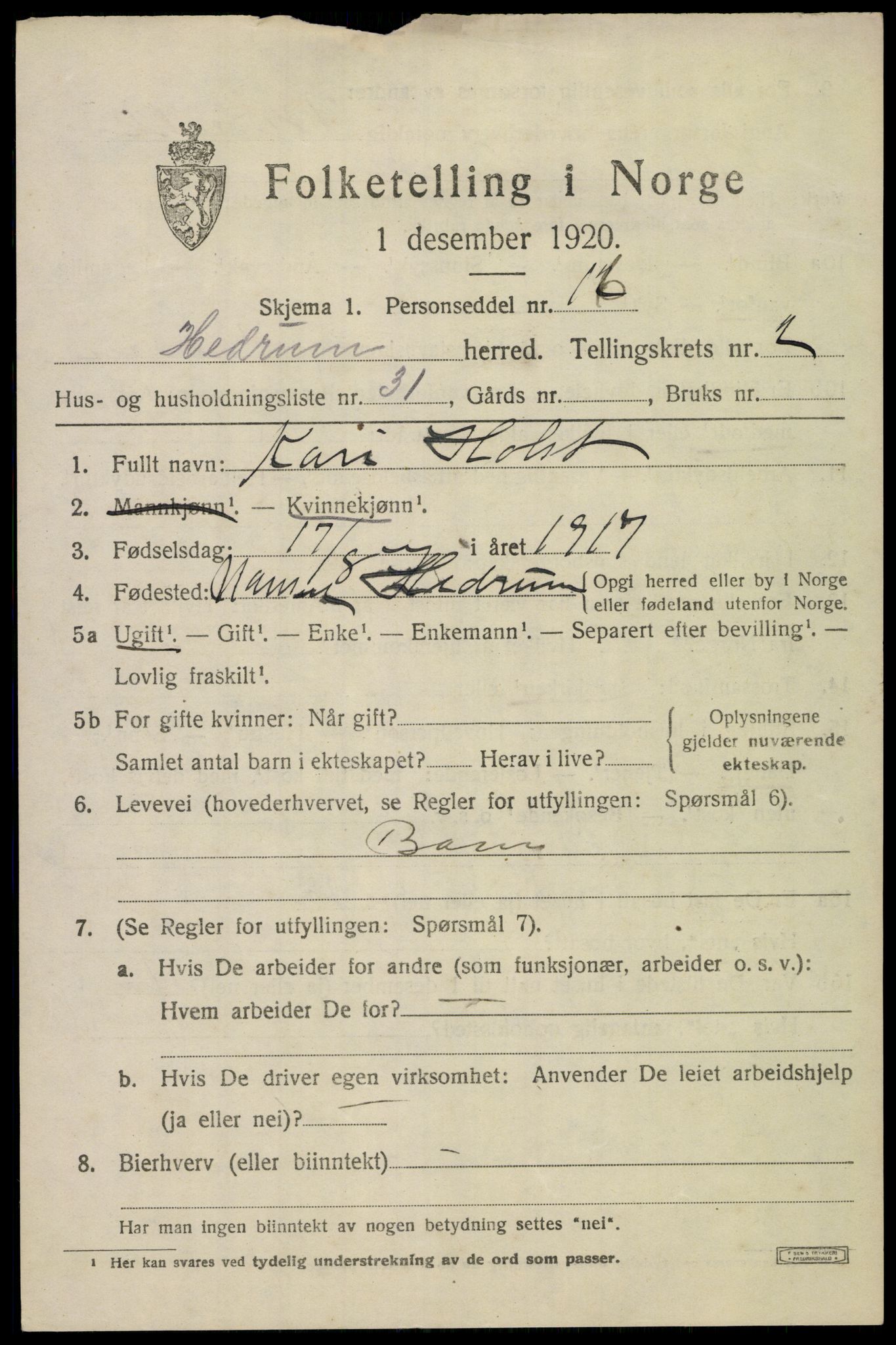 SAKO, 1920 census for Hedrum, 1920, p. 2831