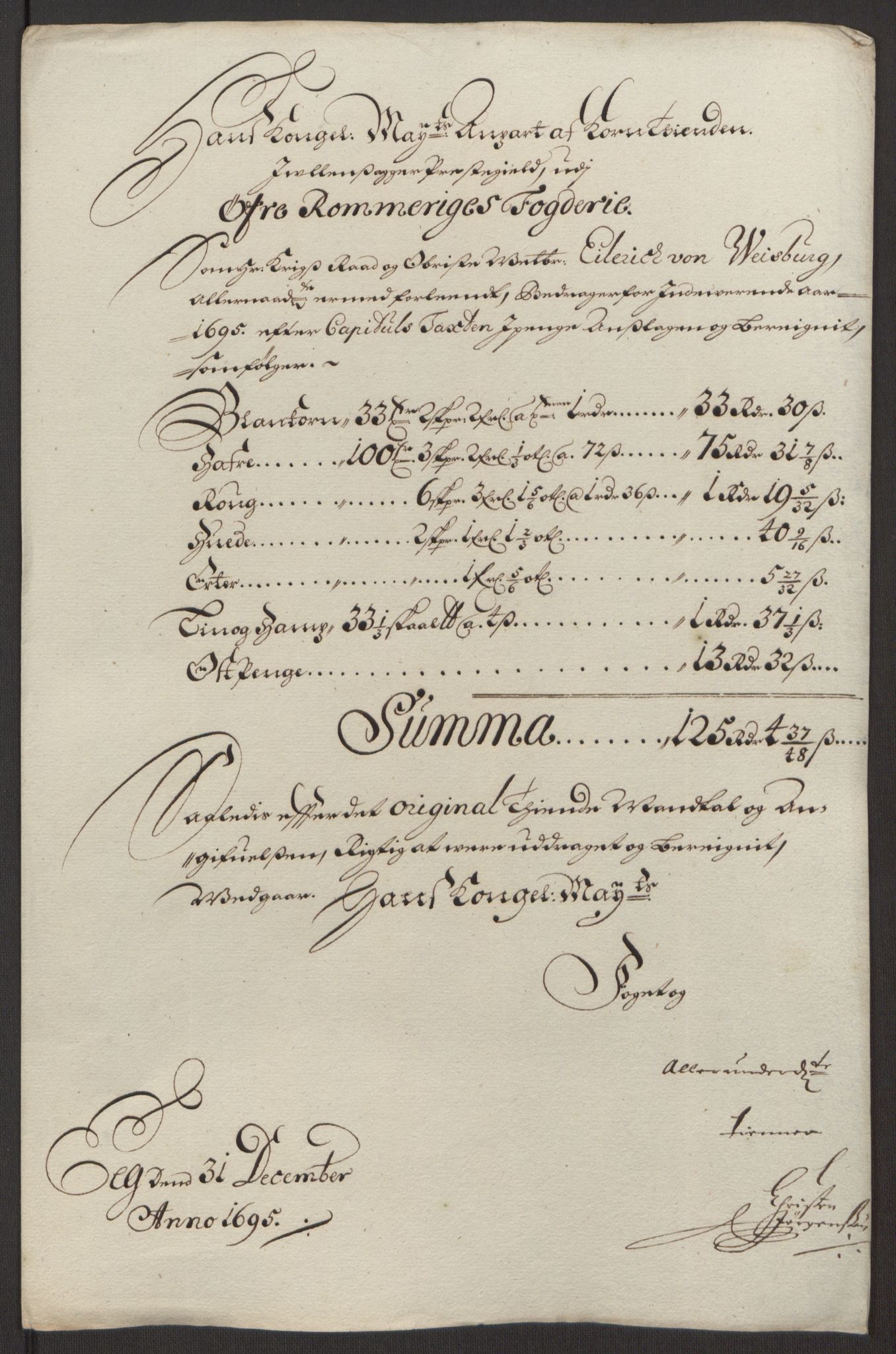 Rentekammeret inntil 1814, Reviderte regnskaper, Fogderegnskap, AV/RA-EA-4092/R12/L0707: Fogderegnskap Øvre Romerike, 1695, p. 52