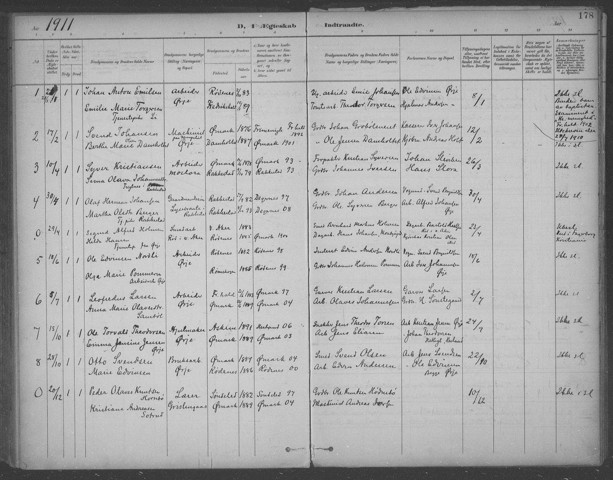 Aremark prestekontor Kirkebøker, SAO/A-10899/F/Fb/L0005: Parish register (official) no. II 5, 1895-1919, p. 178