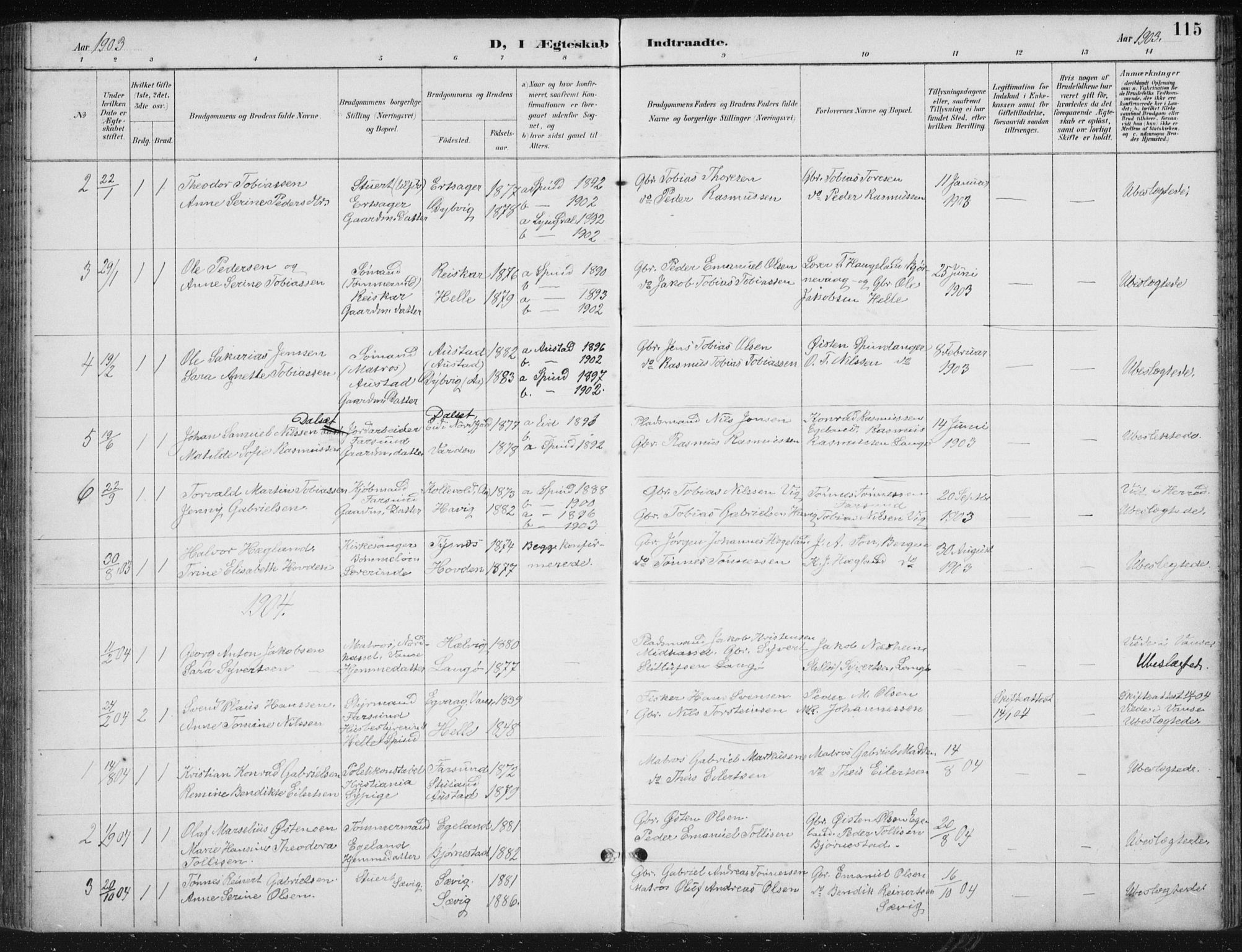 Herad sokneprestkontor, SAK/1111-0018/F/Fb/Fbb/L0004: Parish register (copy) no. B 4, 1890-1935, p. 115
