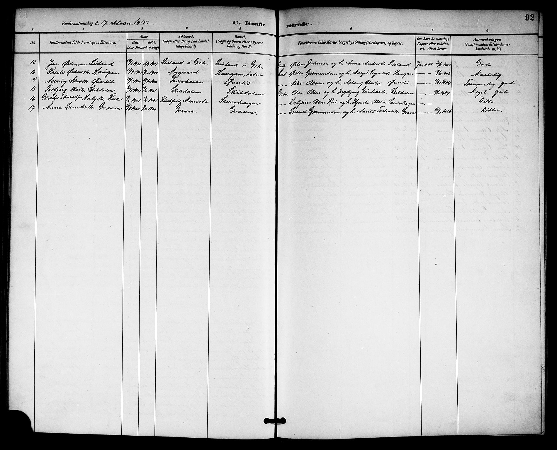Gransherad kirkebøker, AV/SAKO-A-267/G/Gb/L0003: Parish register (copy) no. II 3, 1887-1921, p. 92