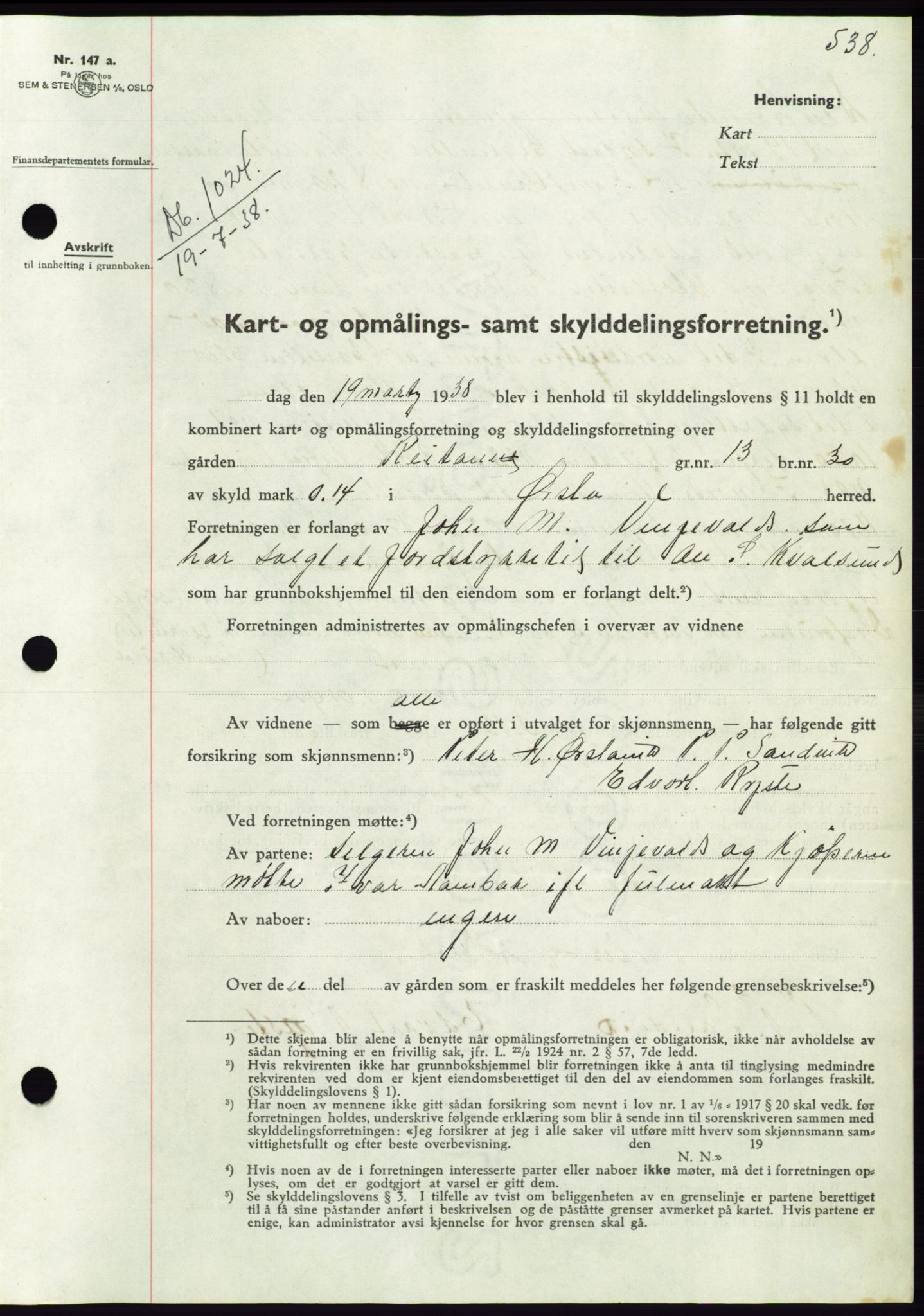 Søre Sunnmøre sorenskriveri, AV/SAT-A-4122/1/2/2C/L0065: Mortgage book no. 59, 1938-1938, Diary no: : 1024/1938