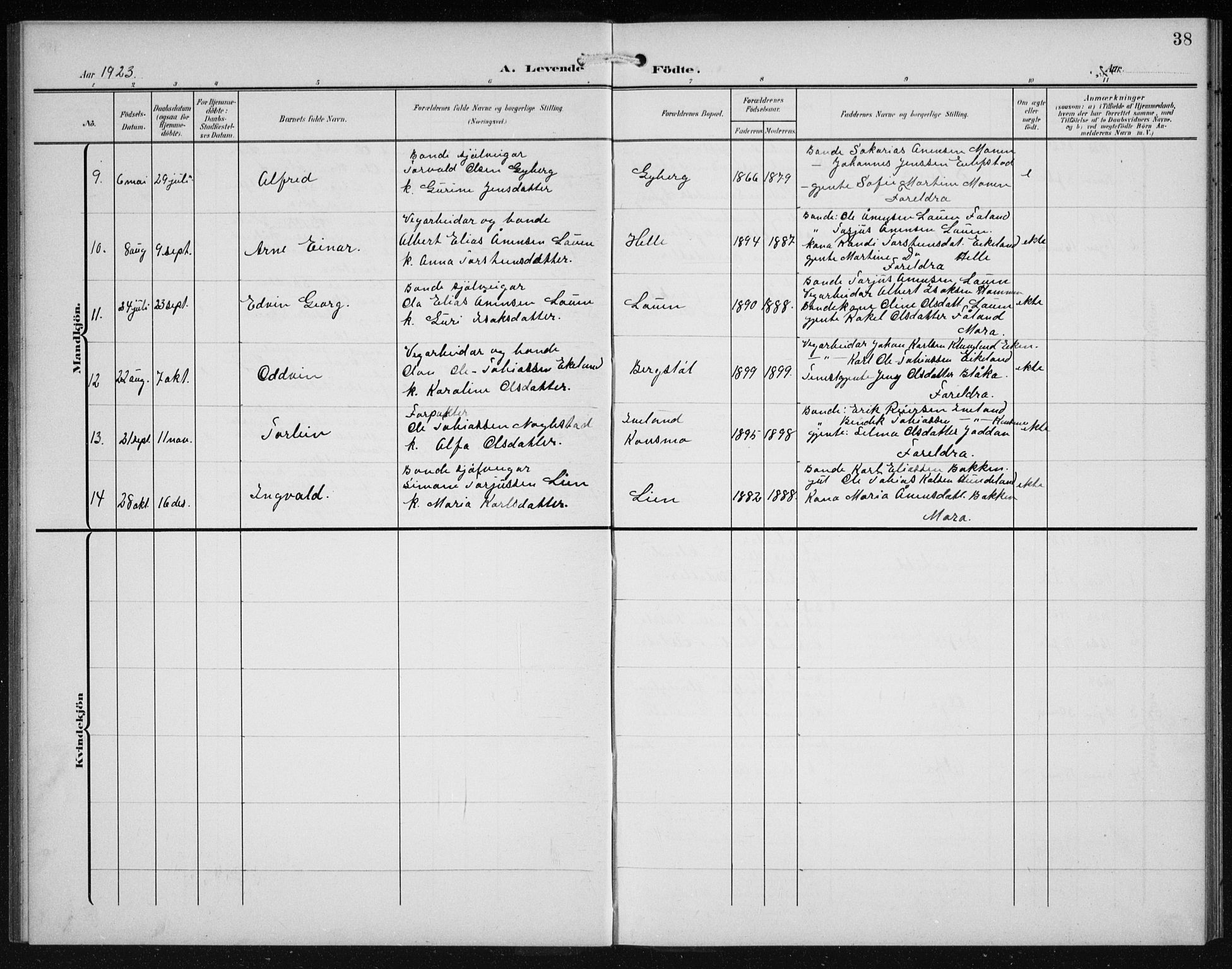 Hægebostad sokneprestkontor, SAK/1111-0024/F/Fb/Fba/L0005: Parish register (copy) no. B 5, 1907-1931, p. 38