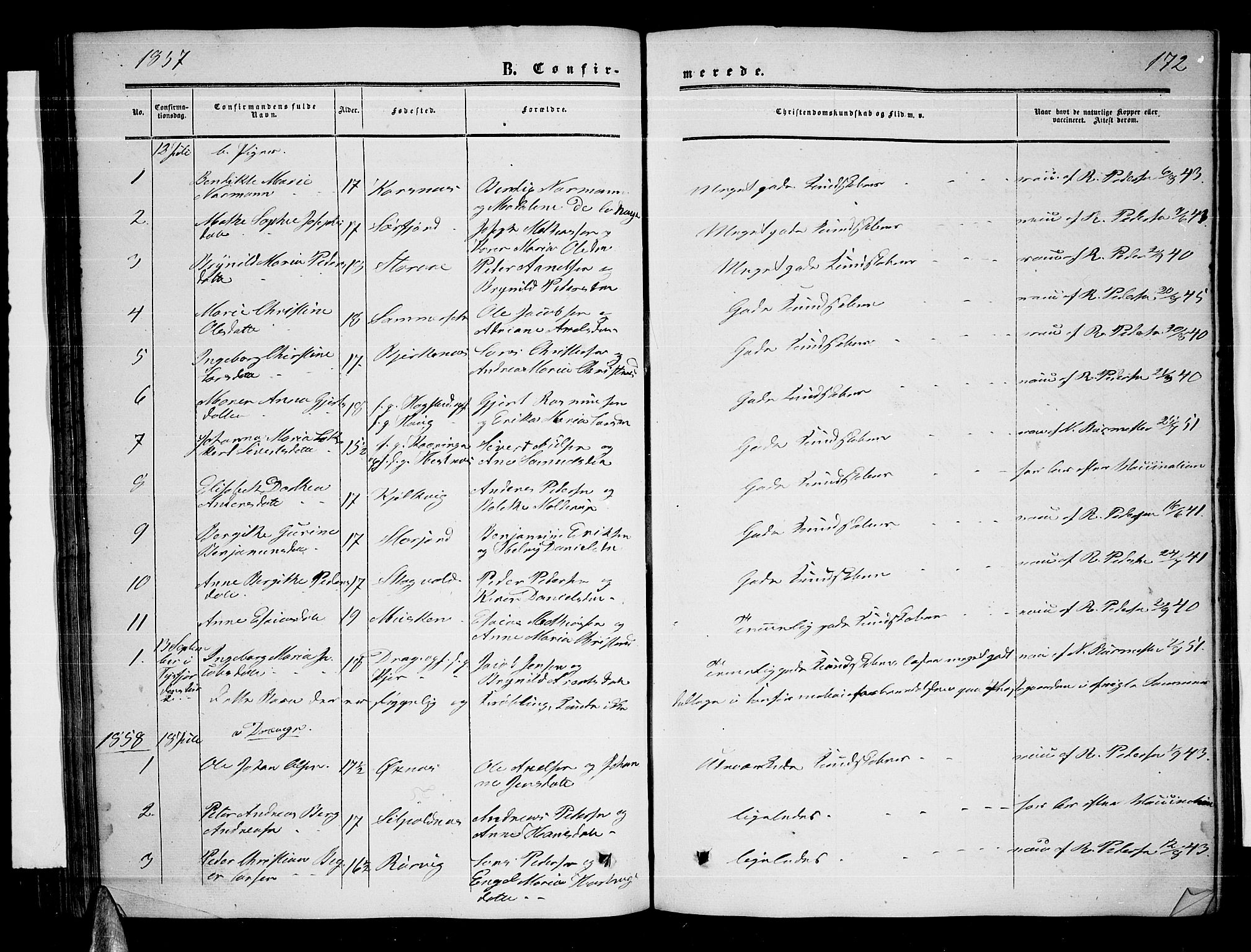 Ministerialprotokoller, klokkerbøker og fødselsregistre - Nordland, AV/SAT-A-1459/872/L1046: Parish register (copy) no. 872C02, 1852-1879, p. 172