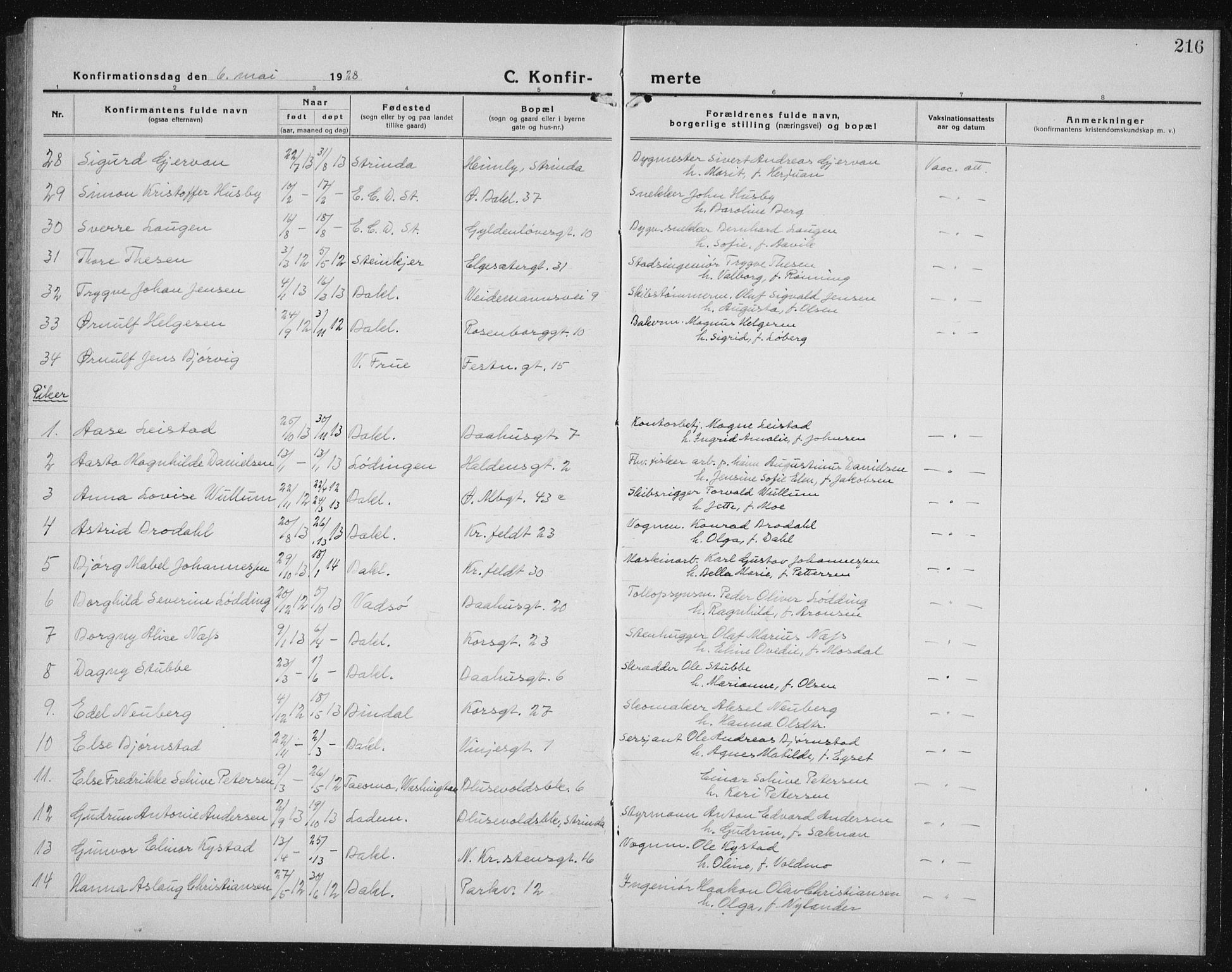 Ministerialprotokoller, klokkerbøker og fødselsregistre - Sør-Trøndelag, SAT/A-1456/604/L0227: Parish register (copy) no. 604C10, 1923-1942, p. 216