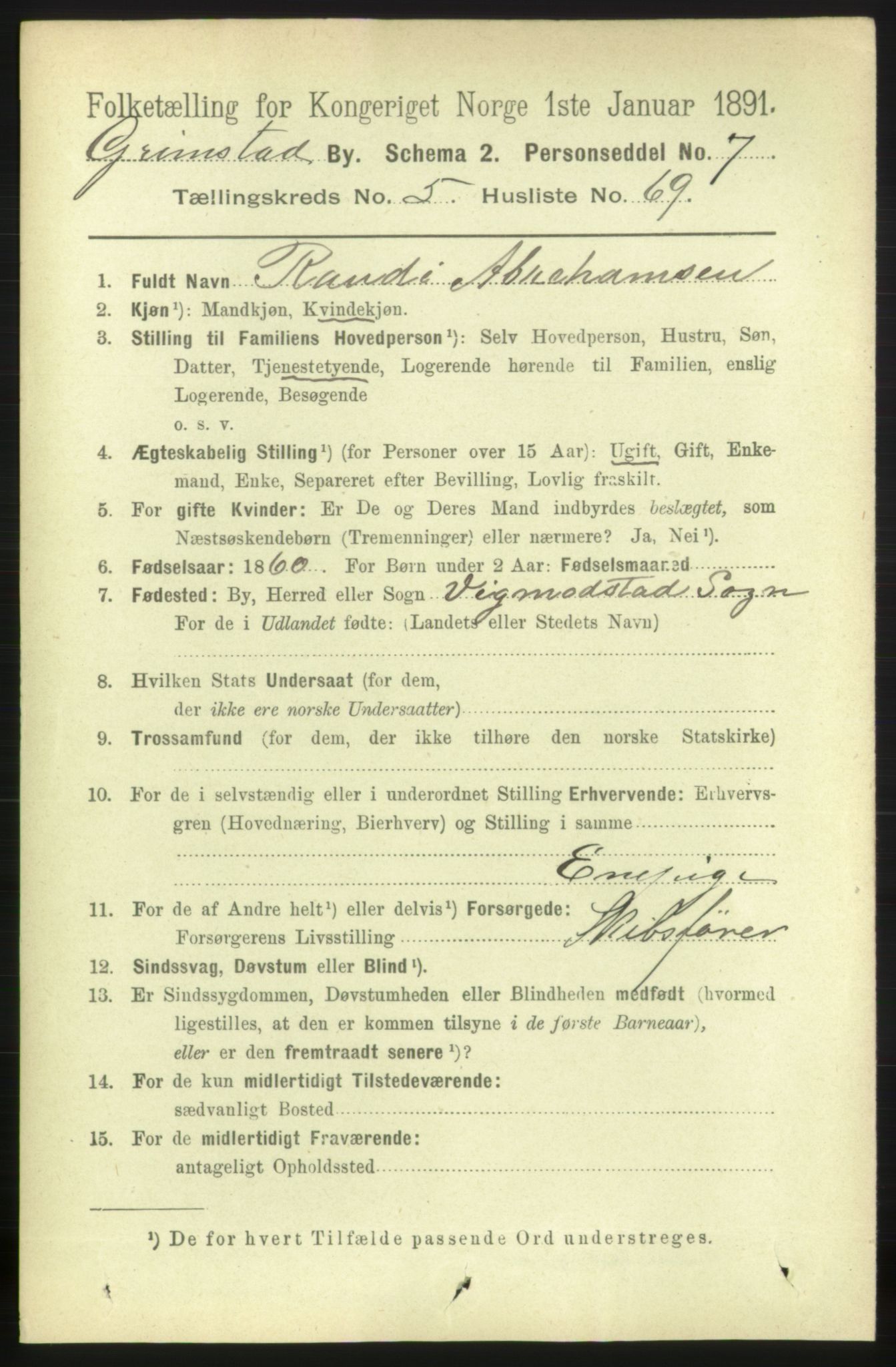 RA, 1891 census for 0904 Grimstad, 1891, p. 3603