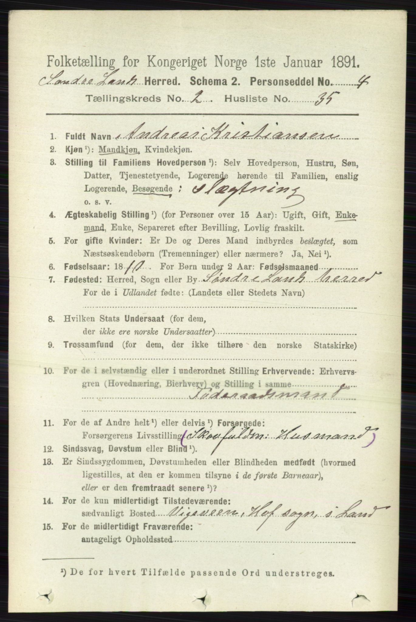 RA, 1891 census for 0536 Søndre Land, 1891, p. 1259