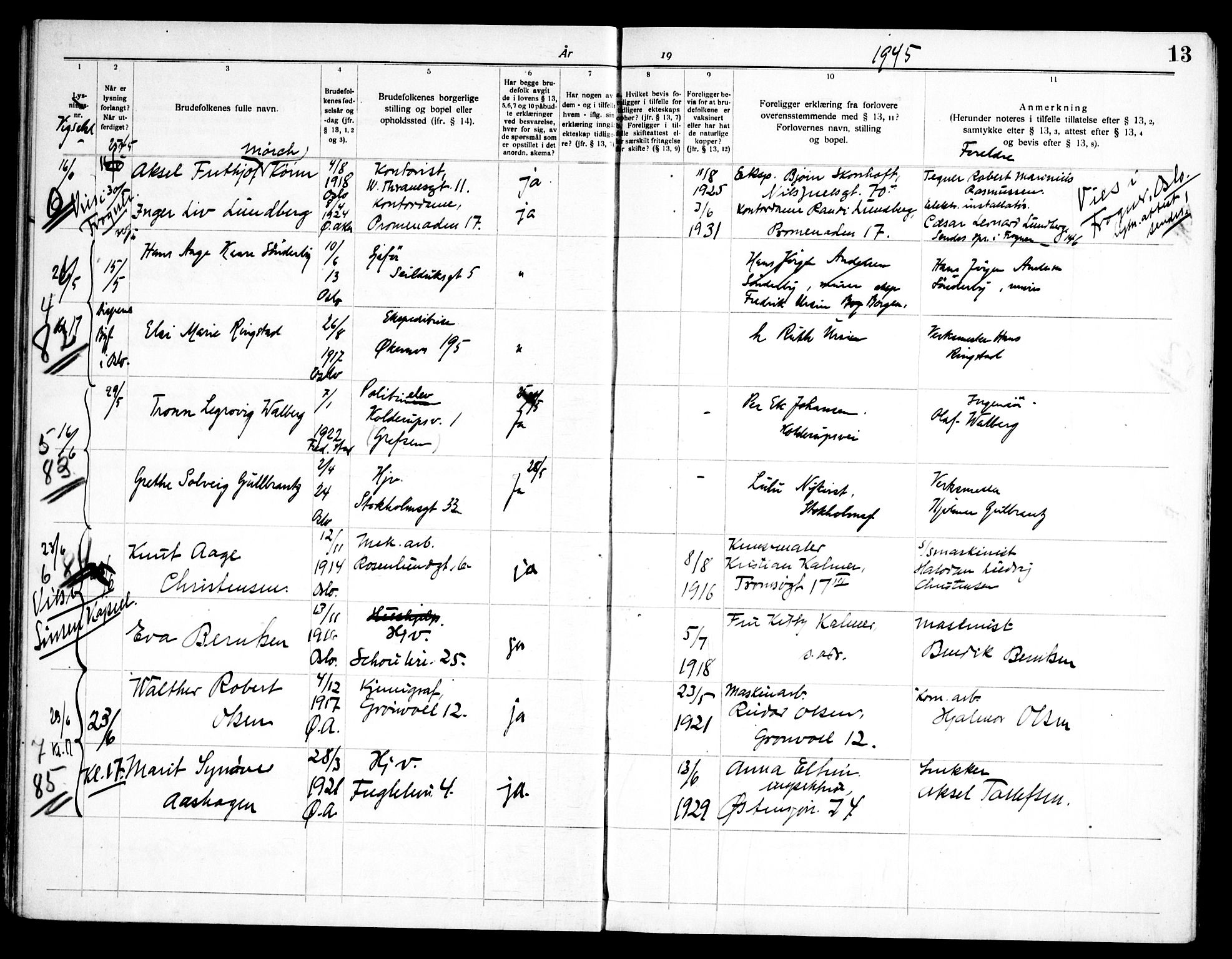 Østre Aker prestekontor Kirkebøker, AV/SAO-A-10840/H/Ha/L0010: Banns register no. I 10, 1943-1948, p. 13