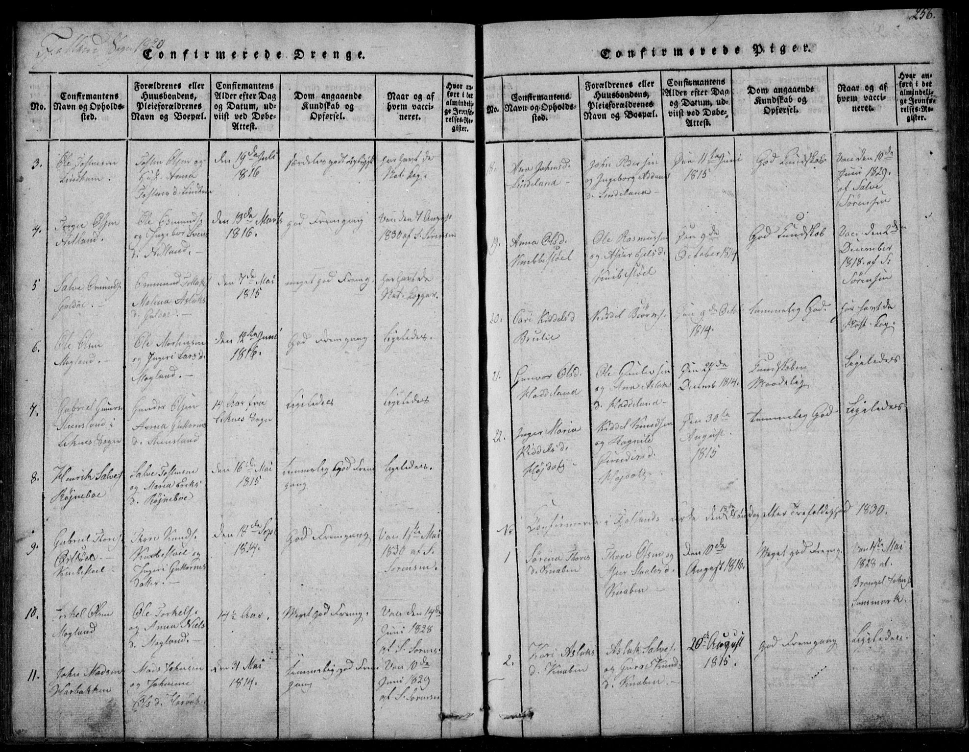 Fjotland sokneprestkontor, AV/SAK-1111-0010/F/Fb/L0001: Parish register (copy) no. B 1, 1816-1849, p. 256