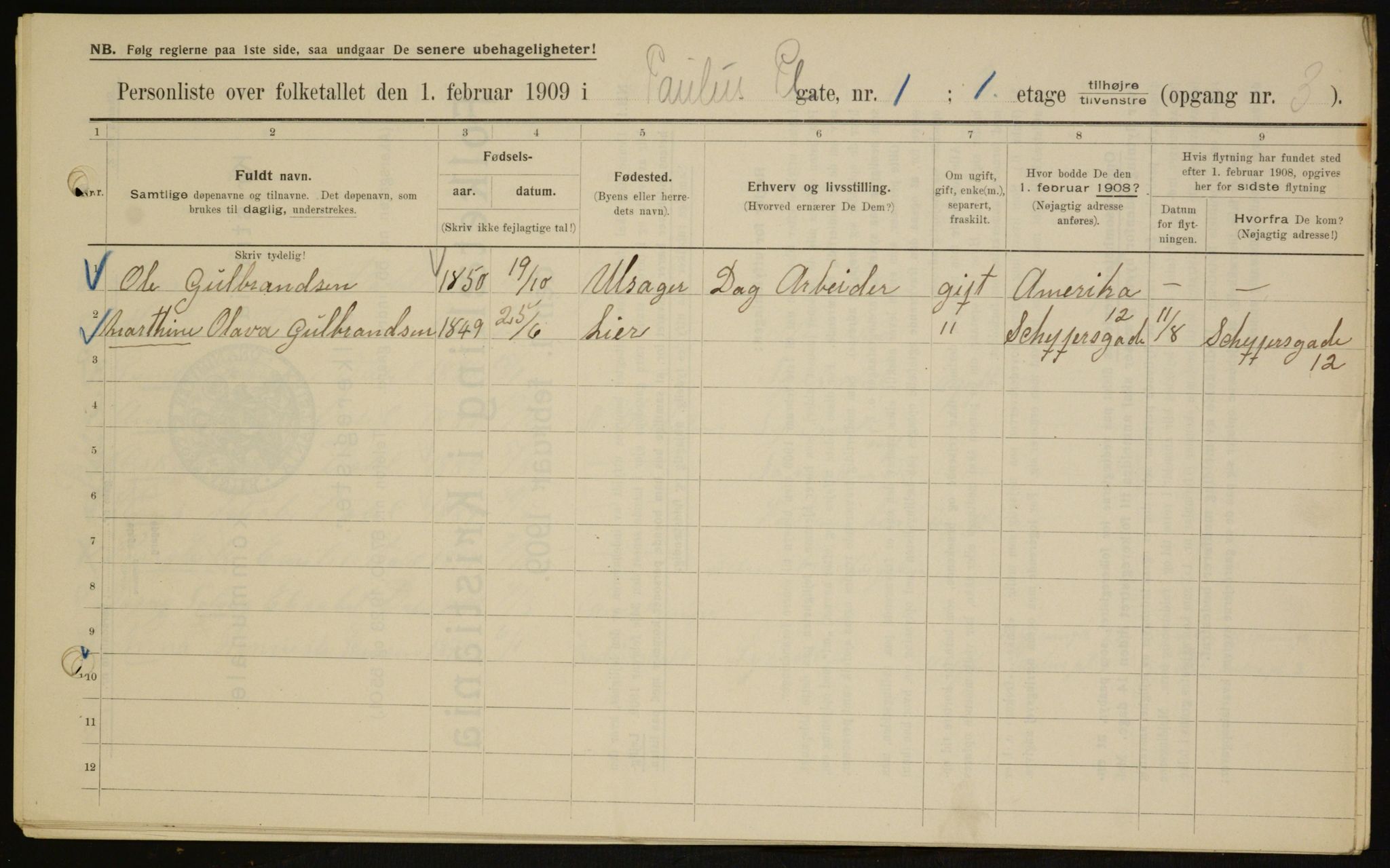 OBA, Municipal Census 1909 for Kristiania, 1909, p. 71119