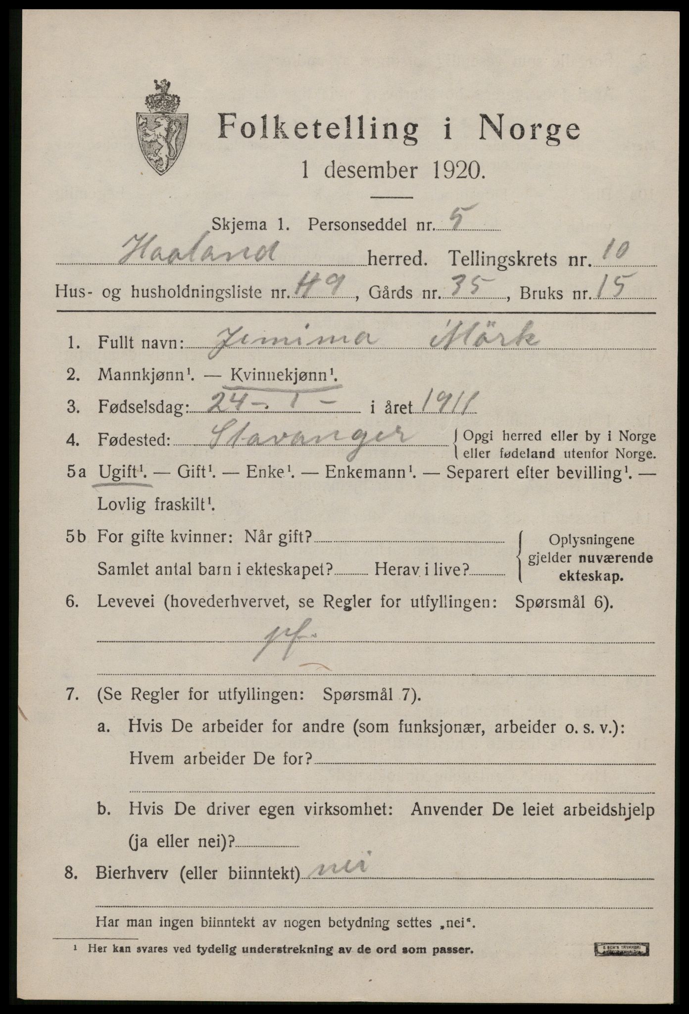 SAST, 1920 census for Håland, 1920, p. 7955