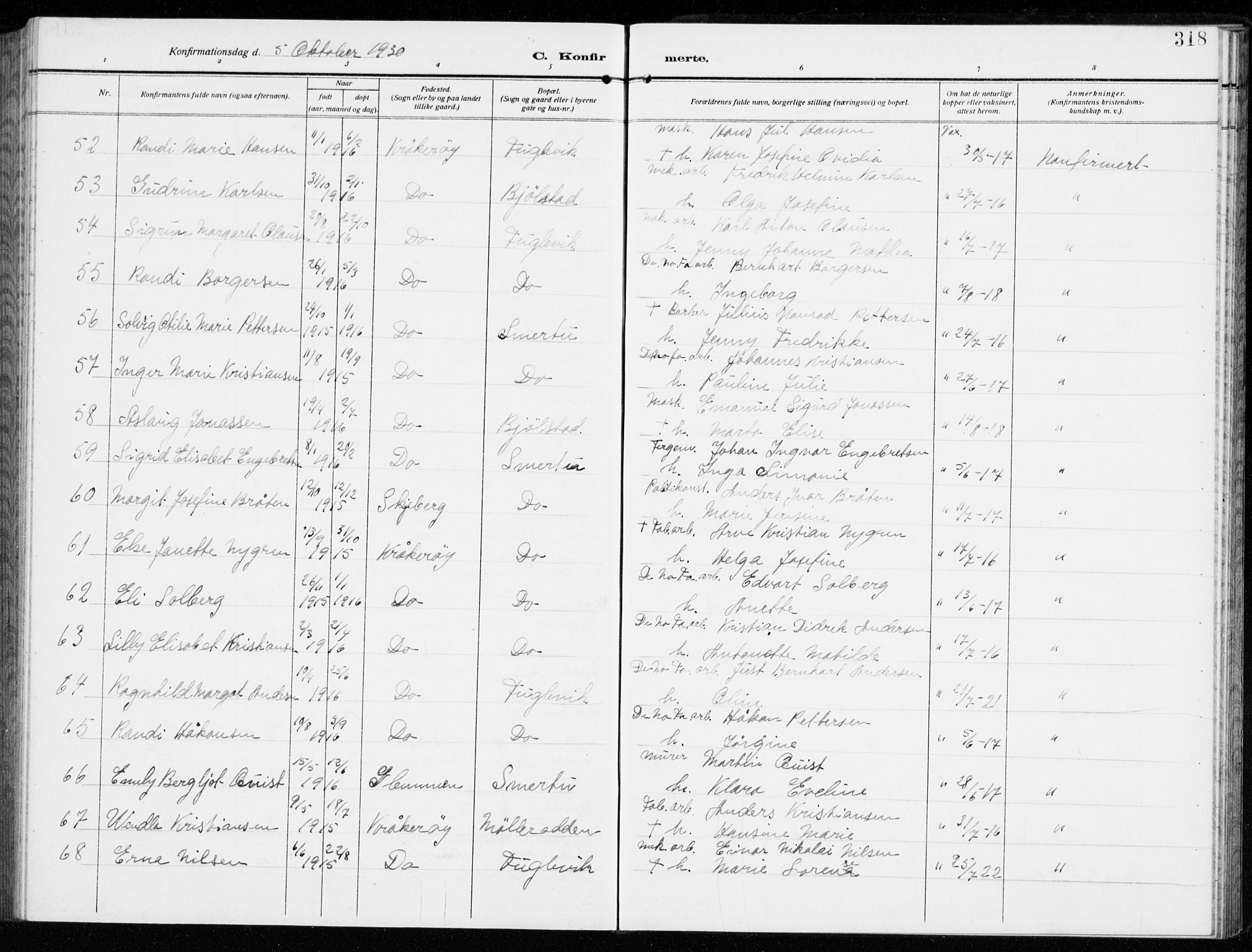Kråkerøy prestekontor Kirkebøker, AV/SAO-A-10912/G/Ga/L0001: Parish register (copy) no. 1, 1908-1944, p. 318