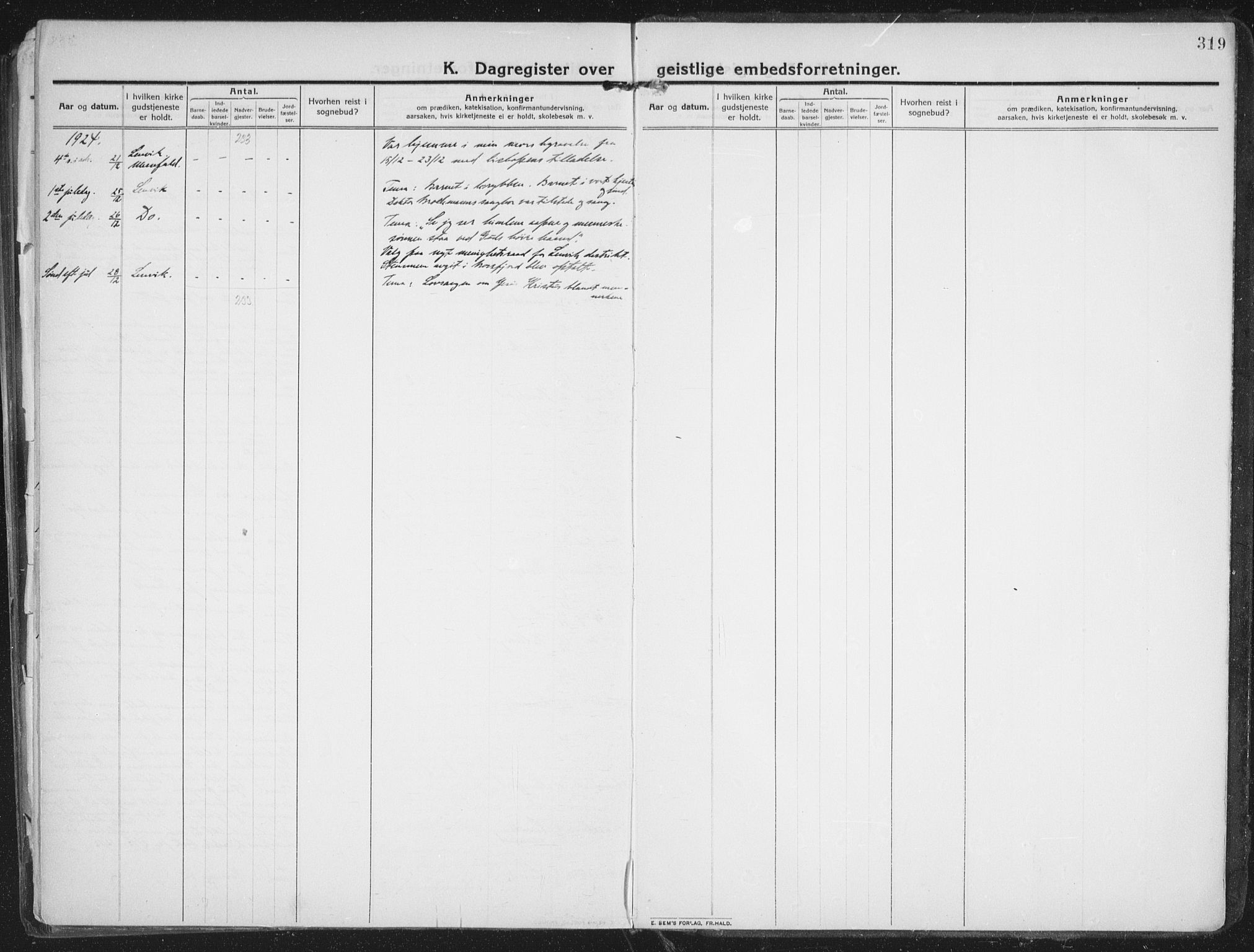 Lenvik sokneprestembete, AV/SATØ-S-1310/H/Ha/Haa/L0016kirke: Parish register (official) no. 16, 1910-1924, p. 319