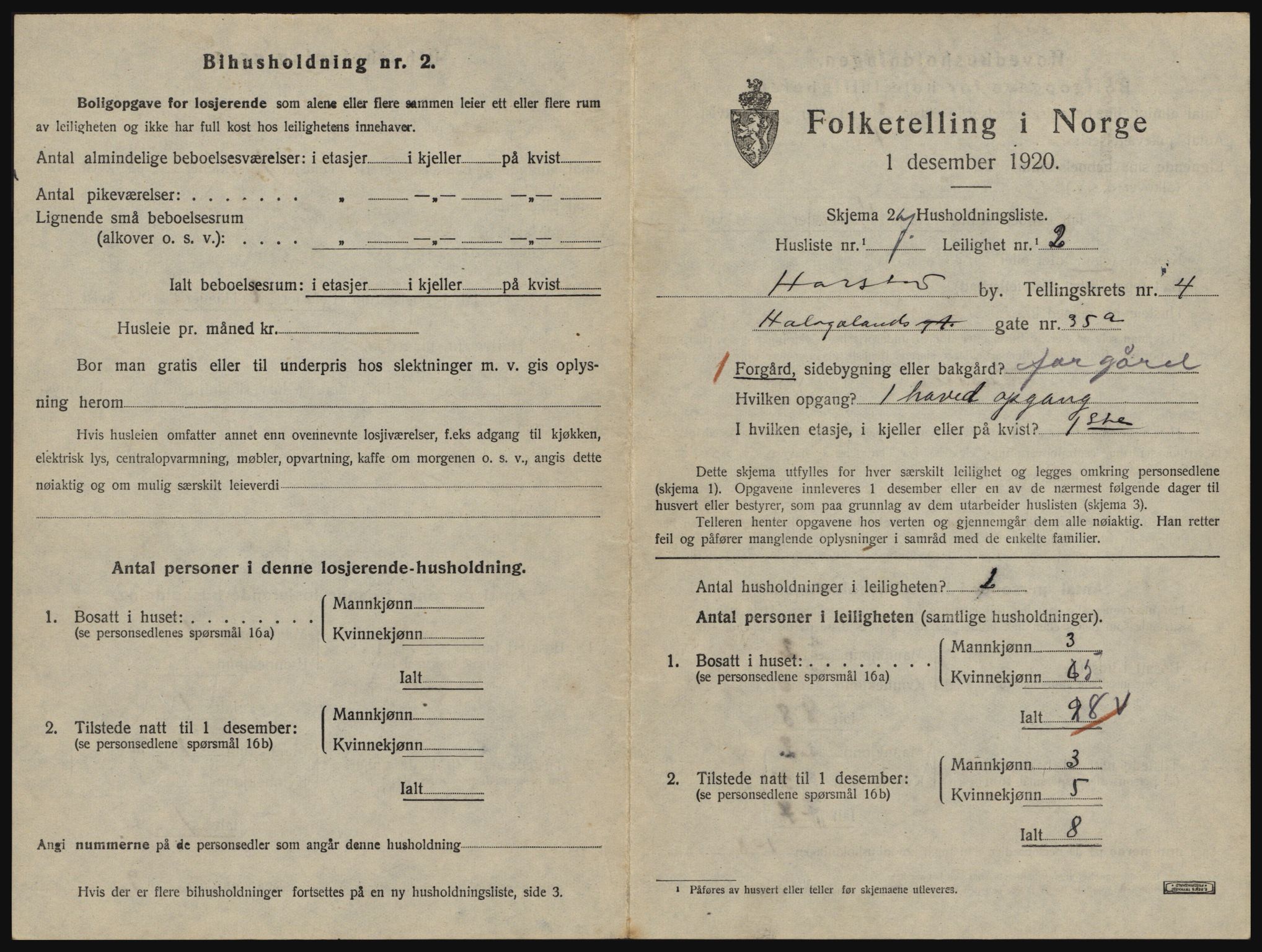 SATØ, 1920 census for Harstad, 1920, p. 1421