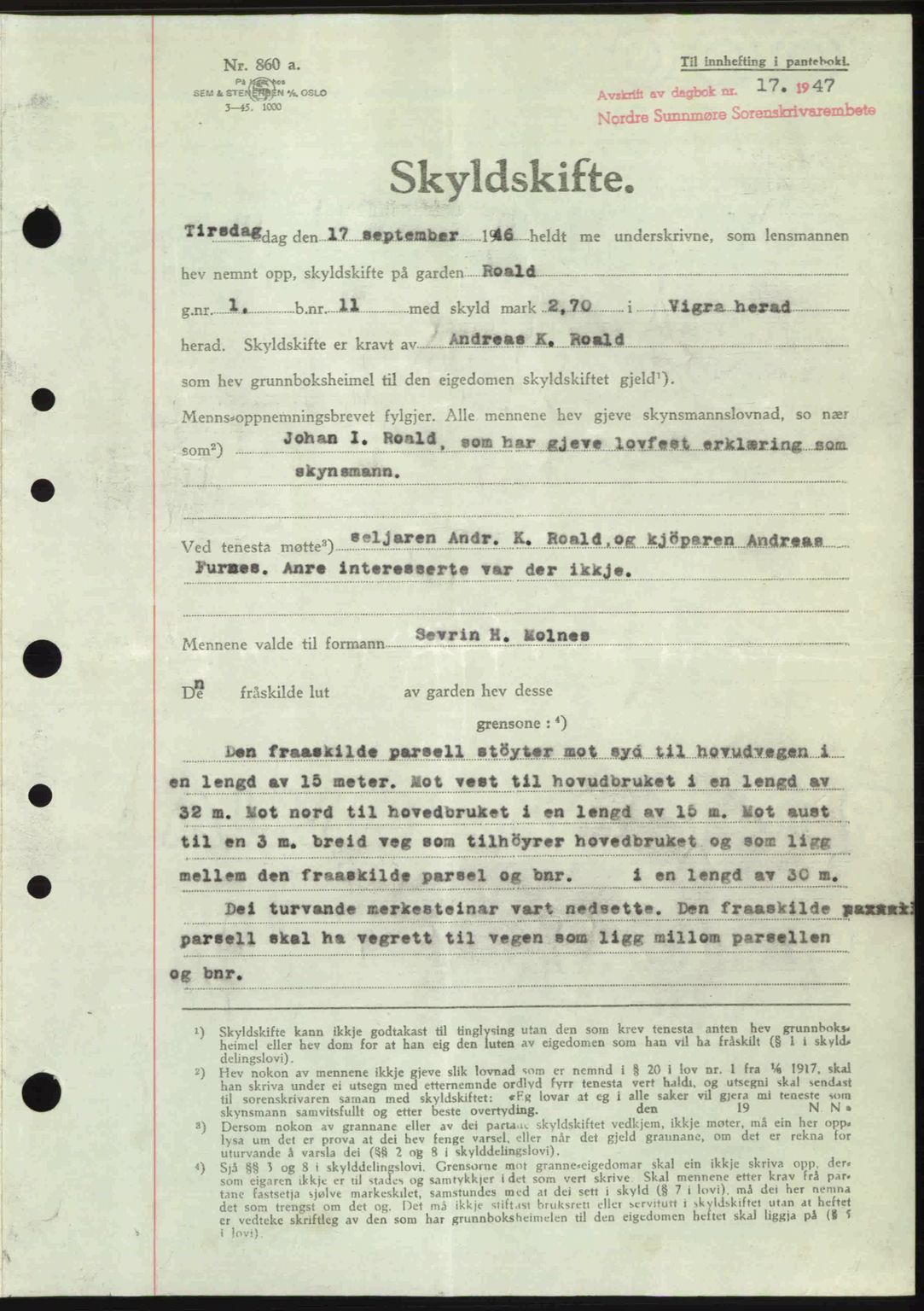 Nordre Sunnmøre sorenskriveri, AV/SAT-A-0006/1/2/2C/2Ca: Mortgage book no. A23, 1946-1947, Diary no: : 17/1947